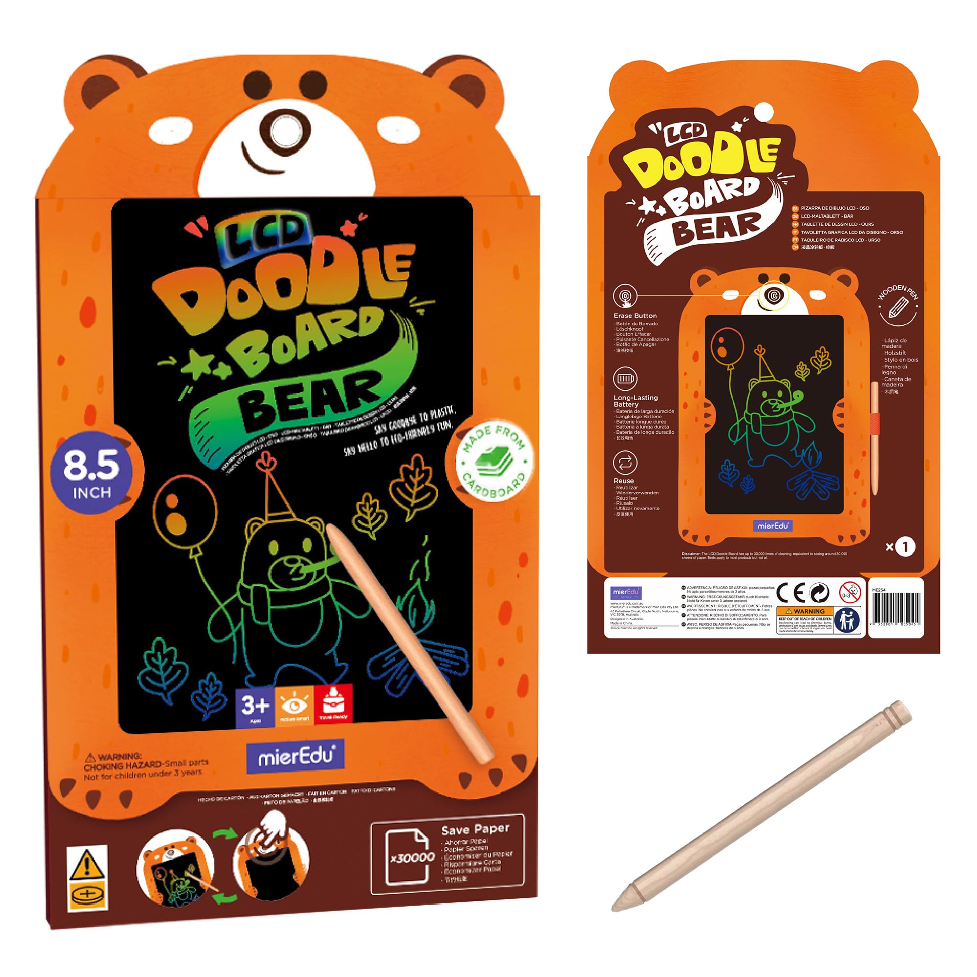 mierEdu LCD Writing Board Children's Bear 8.5 Inch - Magic Painting Board with Pen, Magic Board for Girls & Boys - Reusable Drawing Board, Ideal for Travel - Gift Children from 3 Years