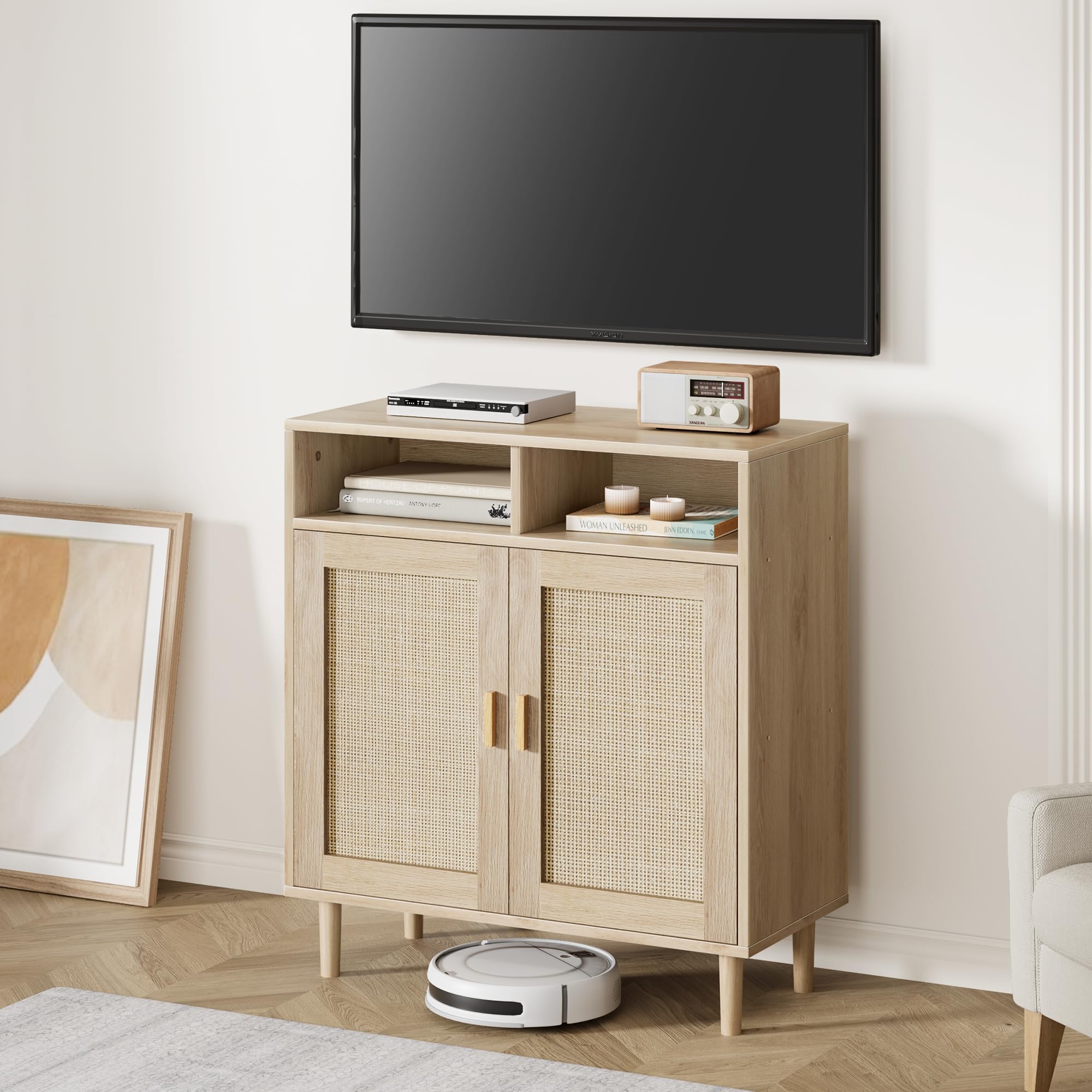 Zstar Aparador de ratán, Mueble de almacenaje Bohemio con estantes, Mueble Bar/credenza de Estilo rústico con 2 Puertas y 2 Compartimentos para salón, recibidor y Cocina.