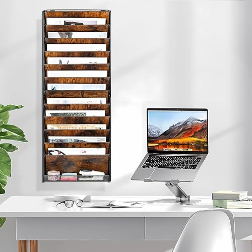Miniatura 23 de Organizador de archivos de pared de 10 niveles, organizador de correo de madera, soporte para revistas, documentos de papel, cesta de almacenamiento