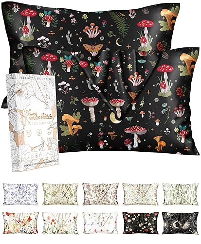 Miss Adola 2 Pack Silk Pillowcase - 20x26 Inch Standard Size Silk Pillow Case with Hidden Zipper for Women Lady Smooth Soft Breathable Cute Design Pillowcase for Hair and Skin, Black Mushroom - Black Mushroom - Standard(20"x26")