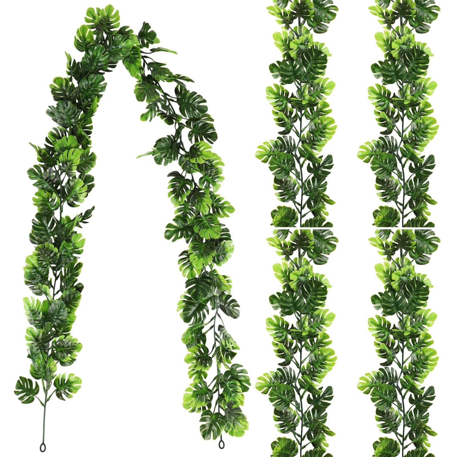4 STK. künstliche Monstera-Blattranken, 5,8 Fuß hängende Grünpflanzen mit abnehmbaren tropischen Palmblättern, Kunststoff-Efeu-Monstera-Girlande für Garten, Veranda, Terrasse, Hawaii-Party-Deko