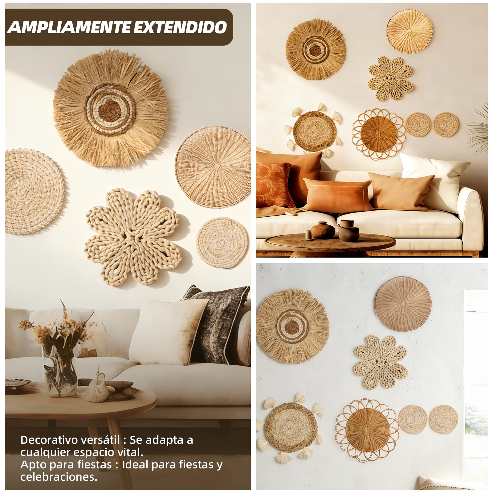 CeyKvo Juego de 7 cestas de pared de estilo bohemio, decoración de pared de mimbre de algas marinas, decoración de pared redonda, ideal para sala de estar, dormitorio, etc.