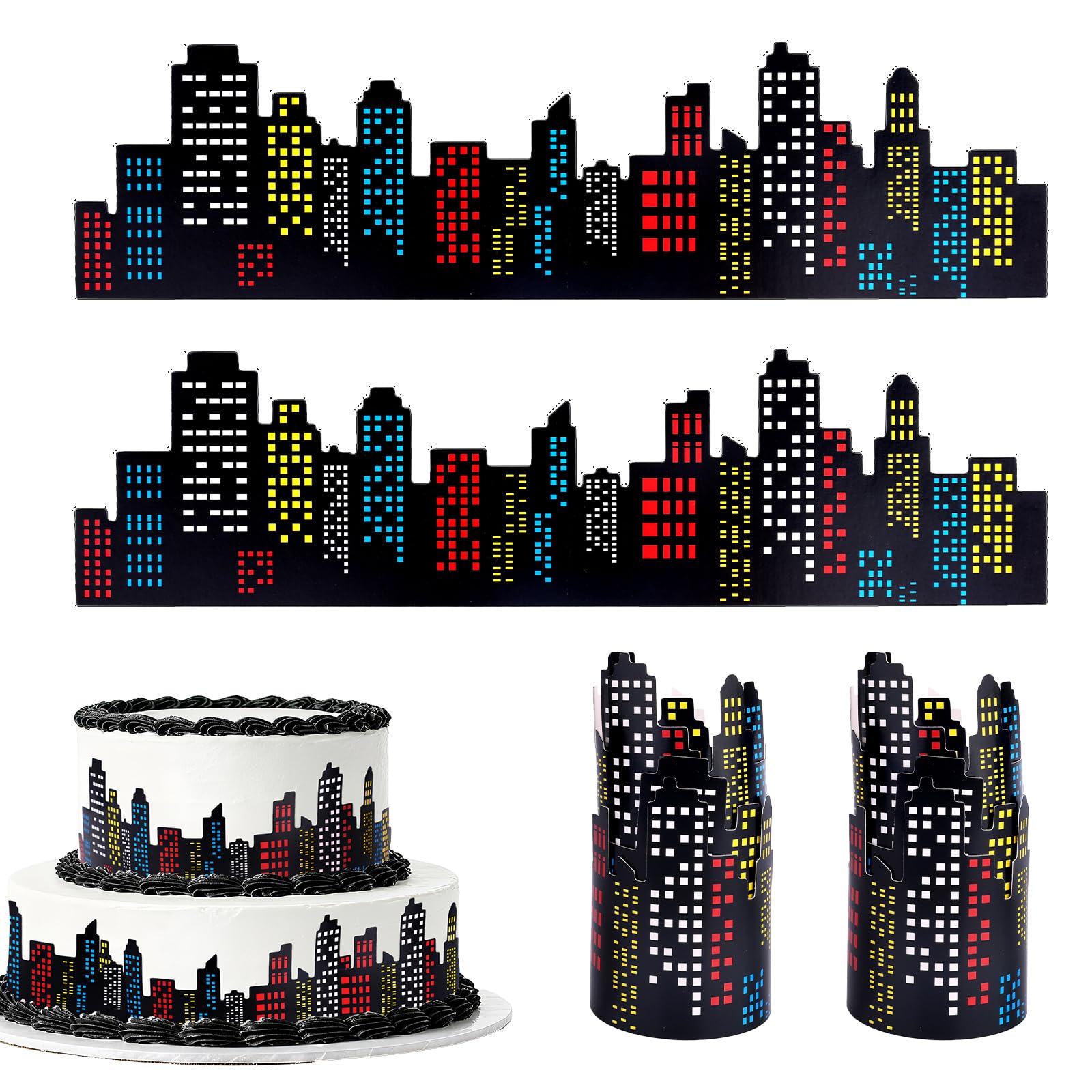 4pcs Spider Skyscraper Cake Toppers with Adhesive Dots, City Theme Cake Topper Skyscraper Border Decorations for Birthday Party & Construction Themed Events