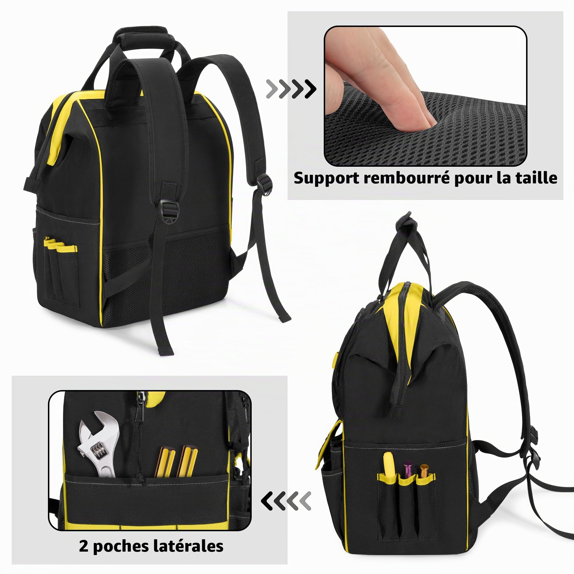 Rexmica Sac à Dos Outils avec Pochette Zippée/Zone D'attraction Magnétique | Sac de Outils Robuste avec Ouverture à Cadre Métallique, Sacoche Tactique pour Électriciens, Réparateurs et Techniciens