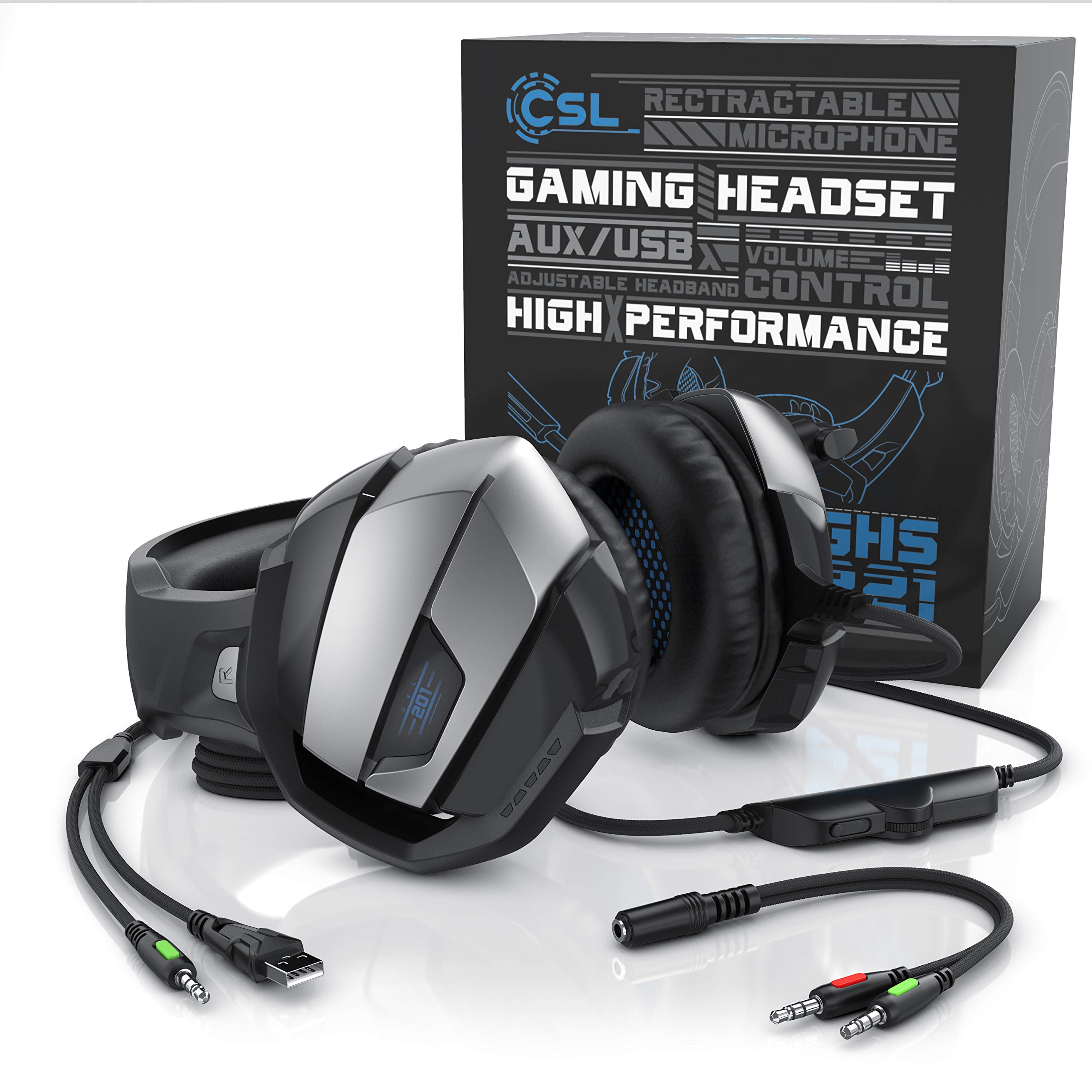 CSL - PS4 PS5 Headset - Gaming Headset Klinke mit Mikrofon - Klinkenanschluss - LED Beleuchtung - Gaming Kopfhörer für PC PS4 PS4 Pro PS5 Xbox One Xbox One S