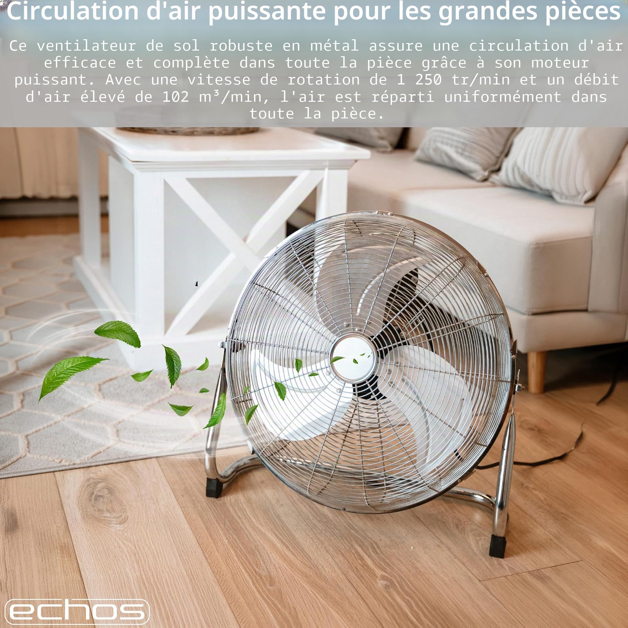 Echos® Ventilateur de sol en métal 46 cm - 100 W - Silencieux - 3 niveaux - Inclinable à 90° - Ventilateur industriel avec flux d'air puissant de 102 m³/min - Pour atelier, bureau et maison