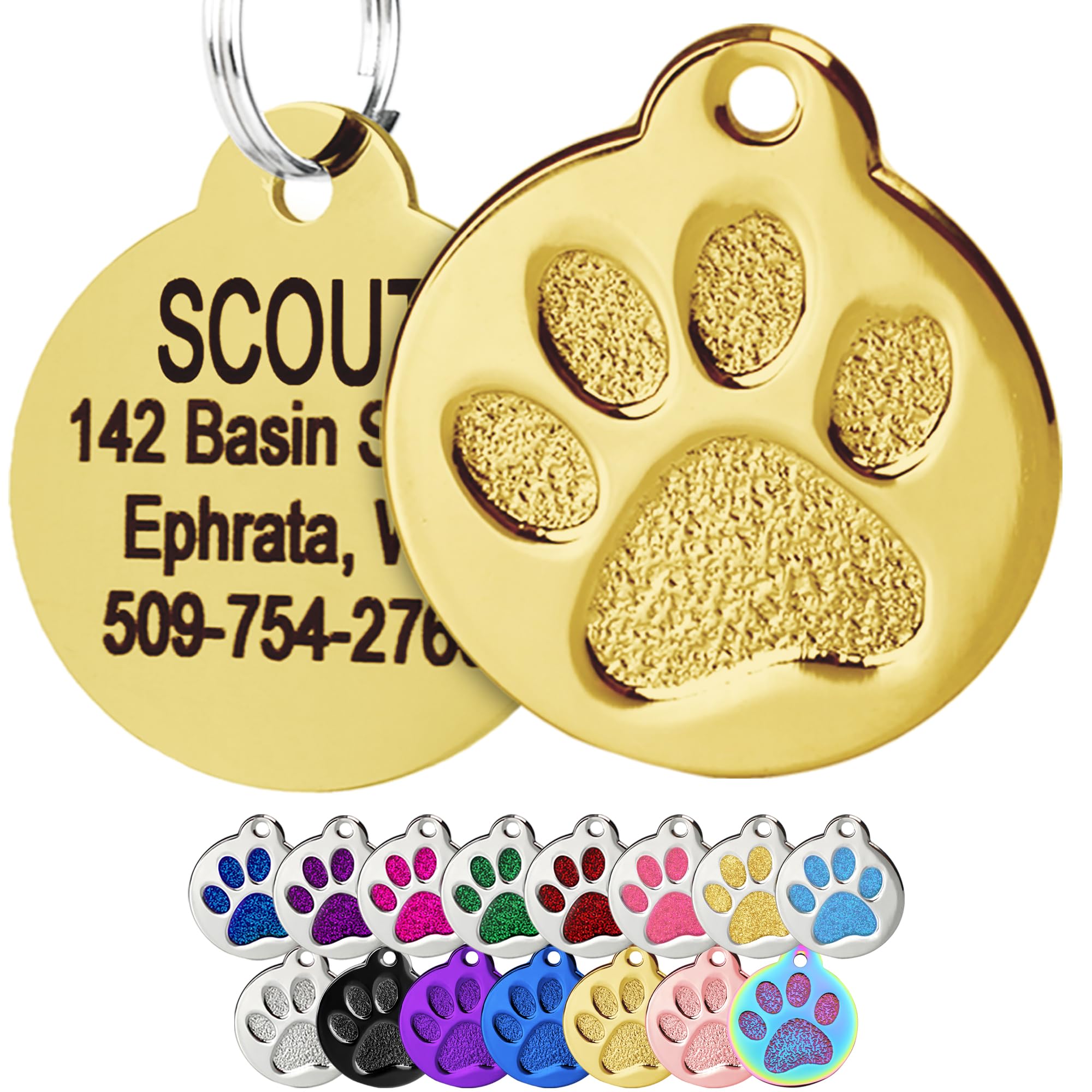 GoTags Paw Print Round Stainless Steel Pet Tag for Dogs and Cats, Personalized with 4 Lines of Custom Engraved ID Name and Number, in Stainless Steel