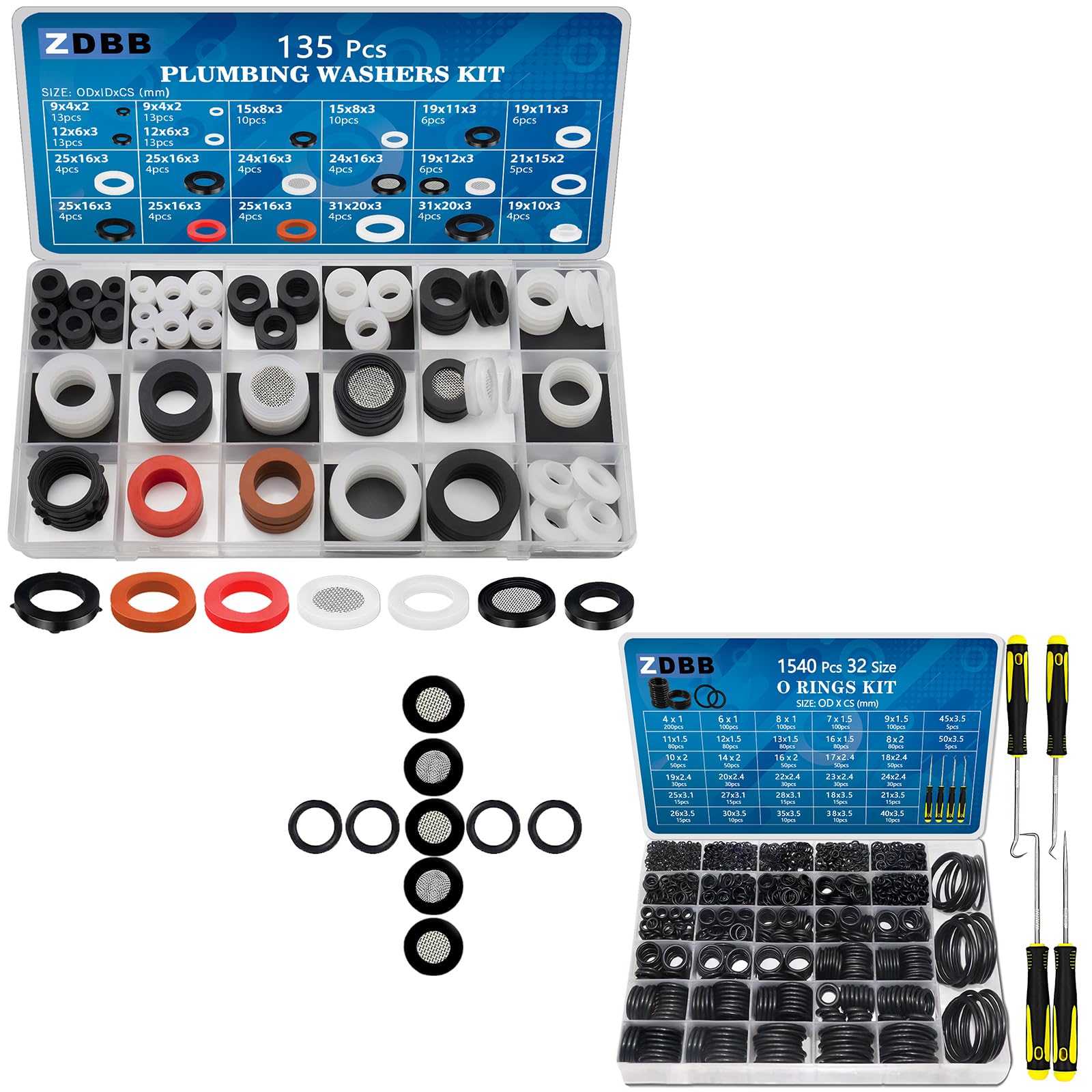 ZDBB 1555 PCS 32 Size O Ring Kit+16 Size Rubber Washers Assortment Kit for Plumbing Faucet Water Pipe Garden Hose Washers Shower Heads Gasket Repair and Air or Gas Connections