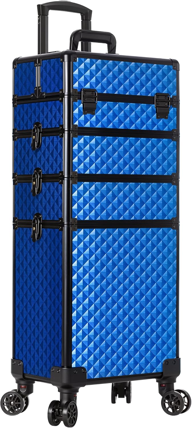 AROUS Rolling Makeup Train Case 4 in 1 Cosmetology Case on Wheels Large Storage Cosmetic Trolley with Key Salon Barber Case Traveling Cart Trunk, Blue - Image 8
