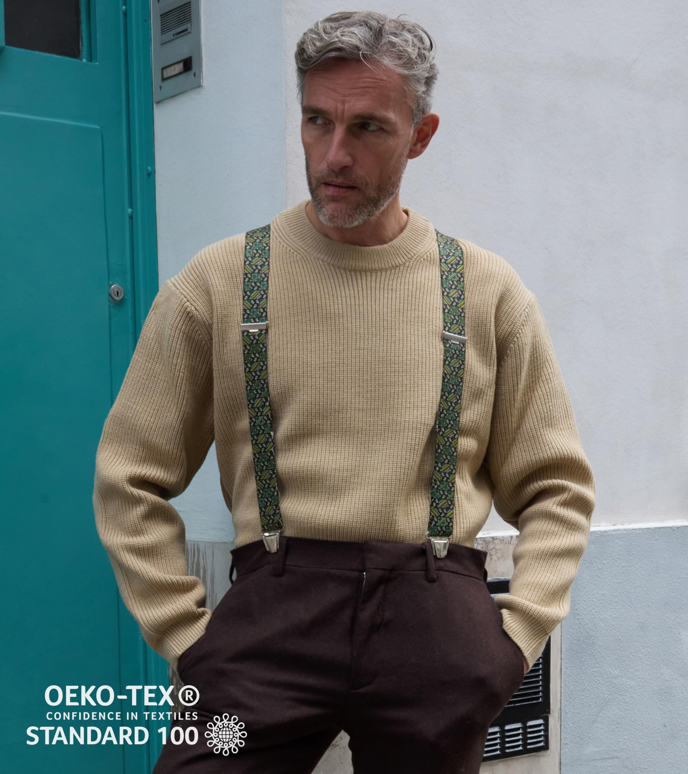 PIERROT Bretelles Homme Larges Made in France - Elastique Ultra Résistant & 4 Clips Extra Fort en X - Taille Ajustable Jusqu’à 130cm - Garantie à Vie - Fabrication Artisanale