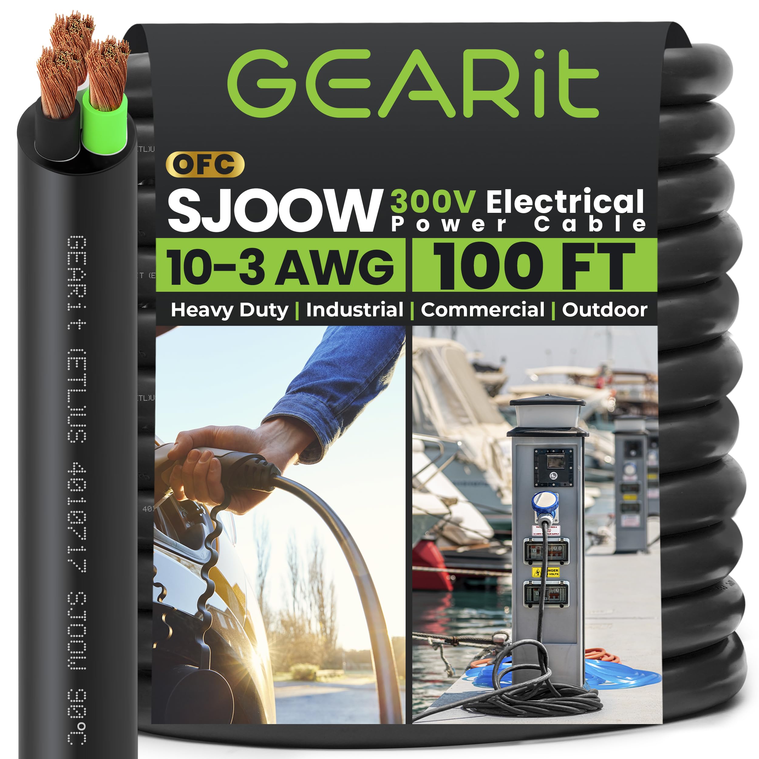 GEARit 10/3 10 AWG Portable Power Cable (100 Feet - 3 Conductor) SJOOW 300V 10 Gauge Electric Wire for Motor Leads, Portable Lights, Battery Charger,