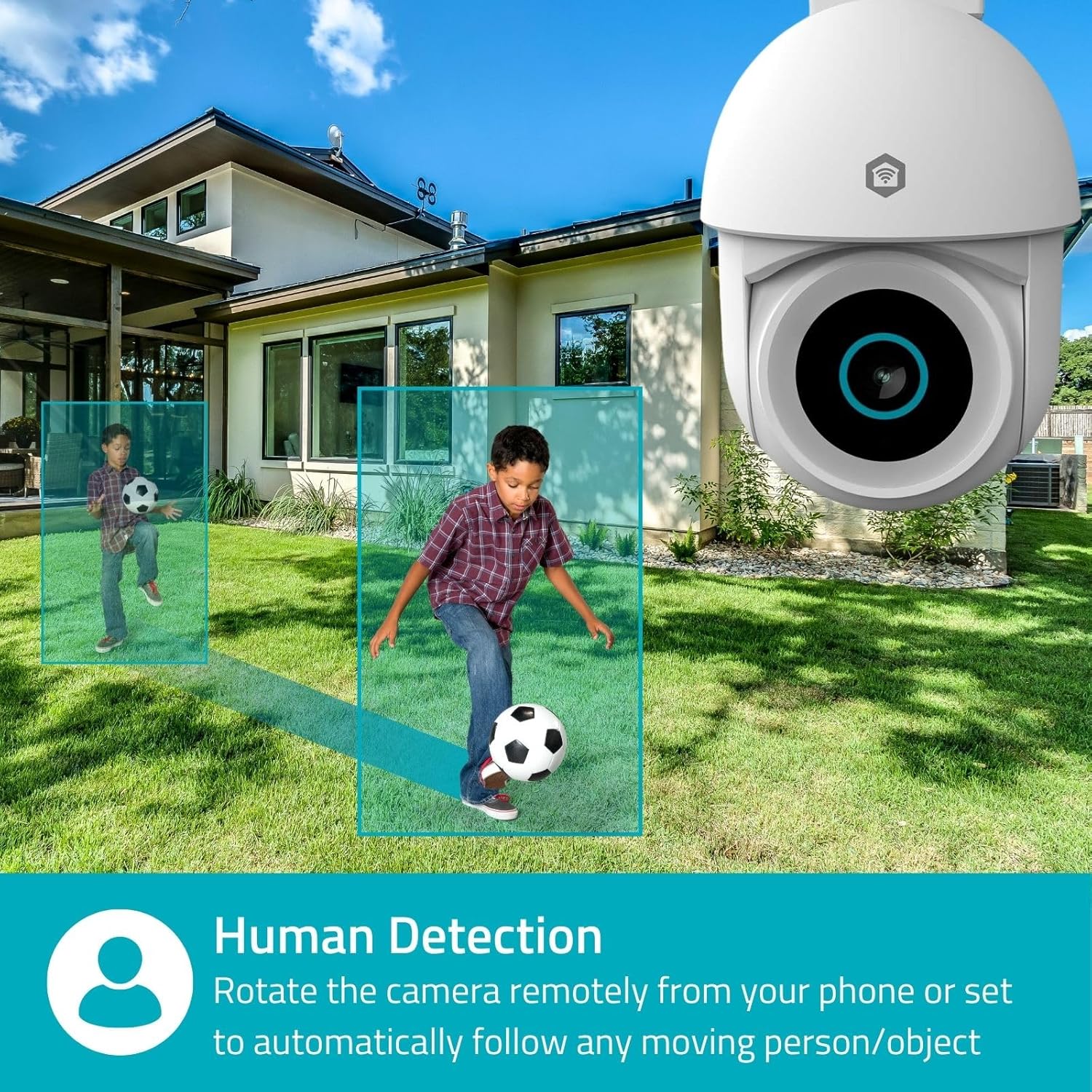 NEDIS SmartLife Outdoor Camera with human detection feature, highlighting automatic tracking of moving persons or objects
