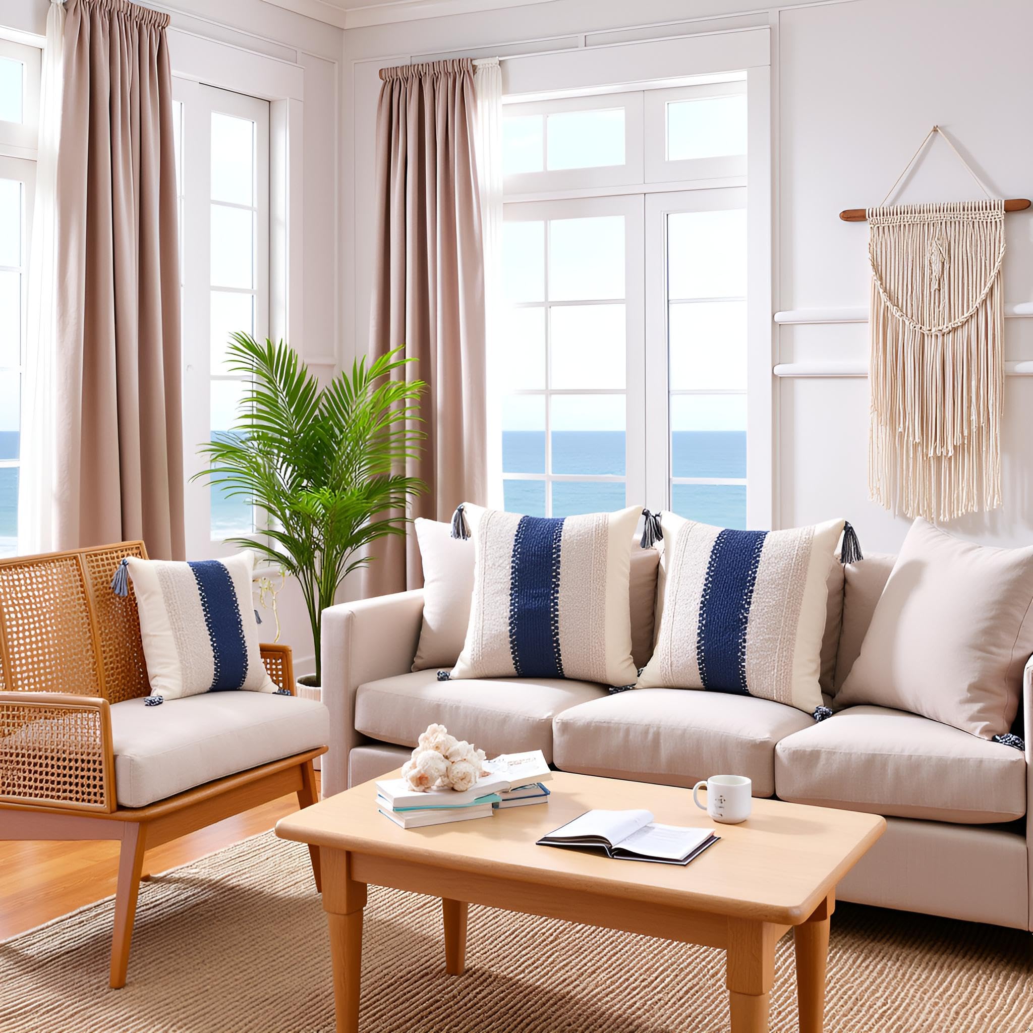 Tosleo Set di 2 federe per cuscini in stile bohémien, 50,8 x 50,8 cm, con nappe, blu navy, a righe neutre, con accento strutturato, moderno, per cuscini decorativi in stile bohémien