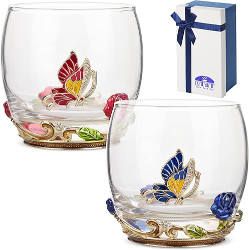 BTT- Juego de 2 copas de vino sin tallo, 10 onzas, rojo/azul, diseño de mariposa y flor con caja de regalo, copas de vino florales, aptas para