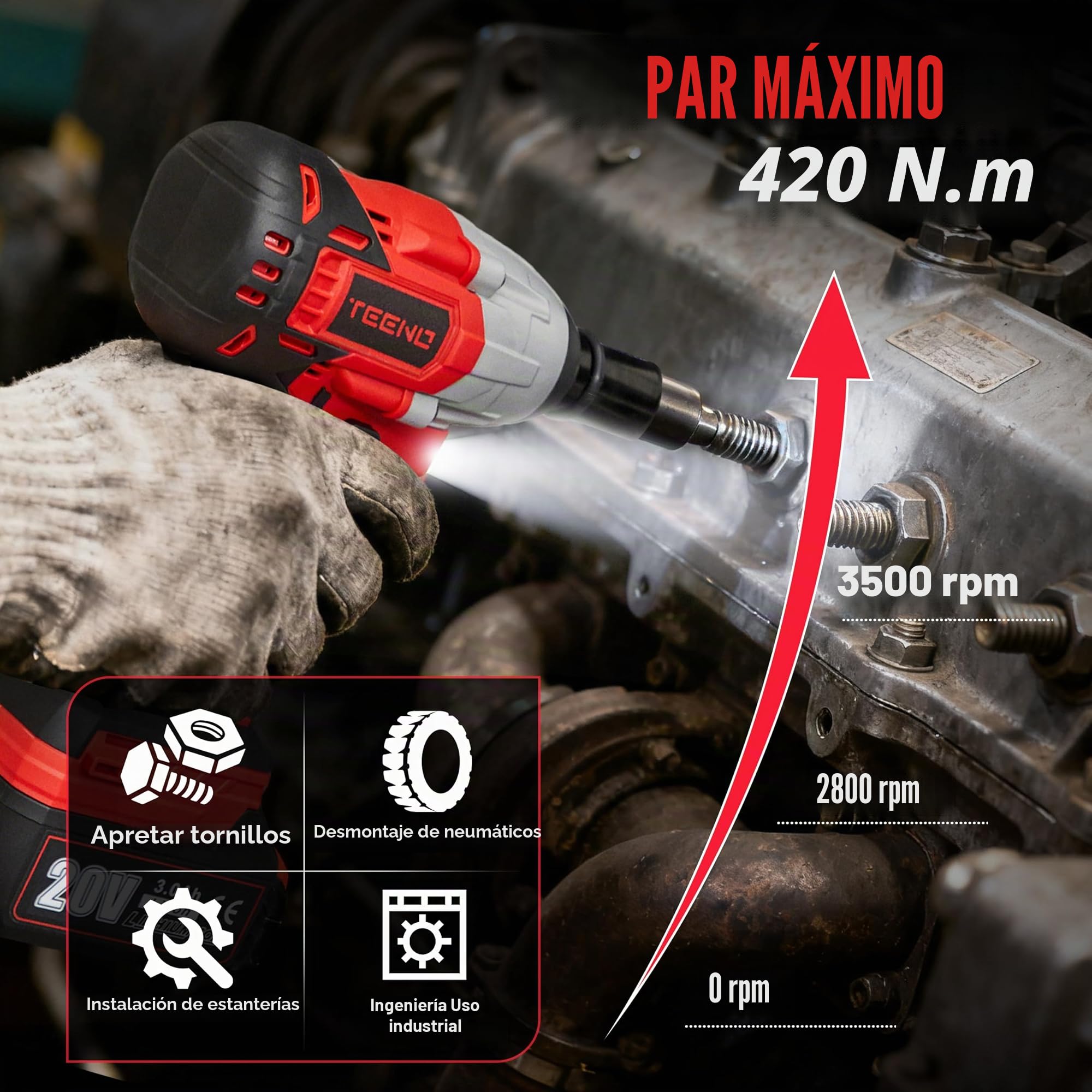 TEENO - Llave de impacto, atornillador de impacto inalámbrica, sin escobillas, 320 Nm, con batería de 3,0 Ah,andamio,pernos de ruedas,caja de 25 accesorios 2 Baterías