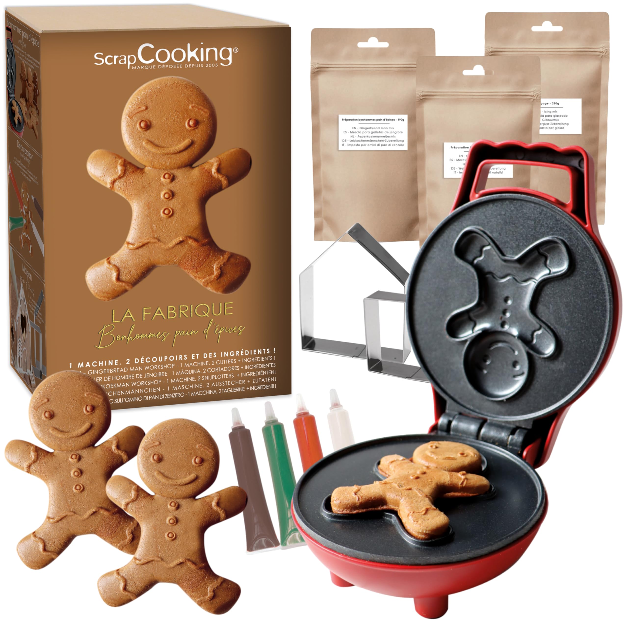 ScrapCooking - Kit Fabbrica per Ginger - Con Macchina per Pupazzi di Natale, Taglierina in acciaio inox e penne choco - 3815