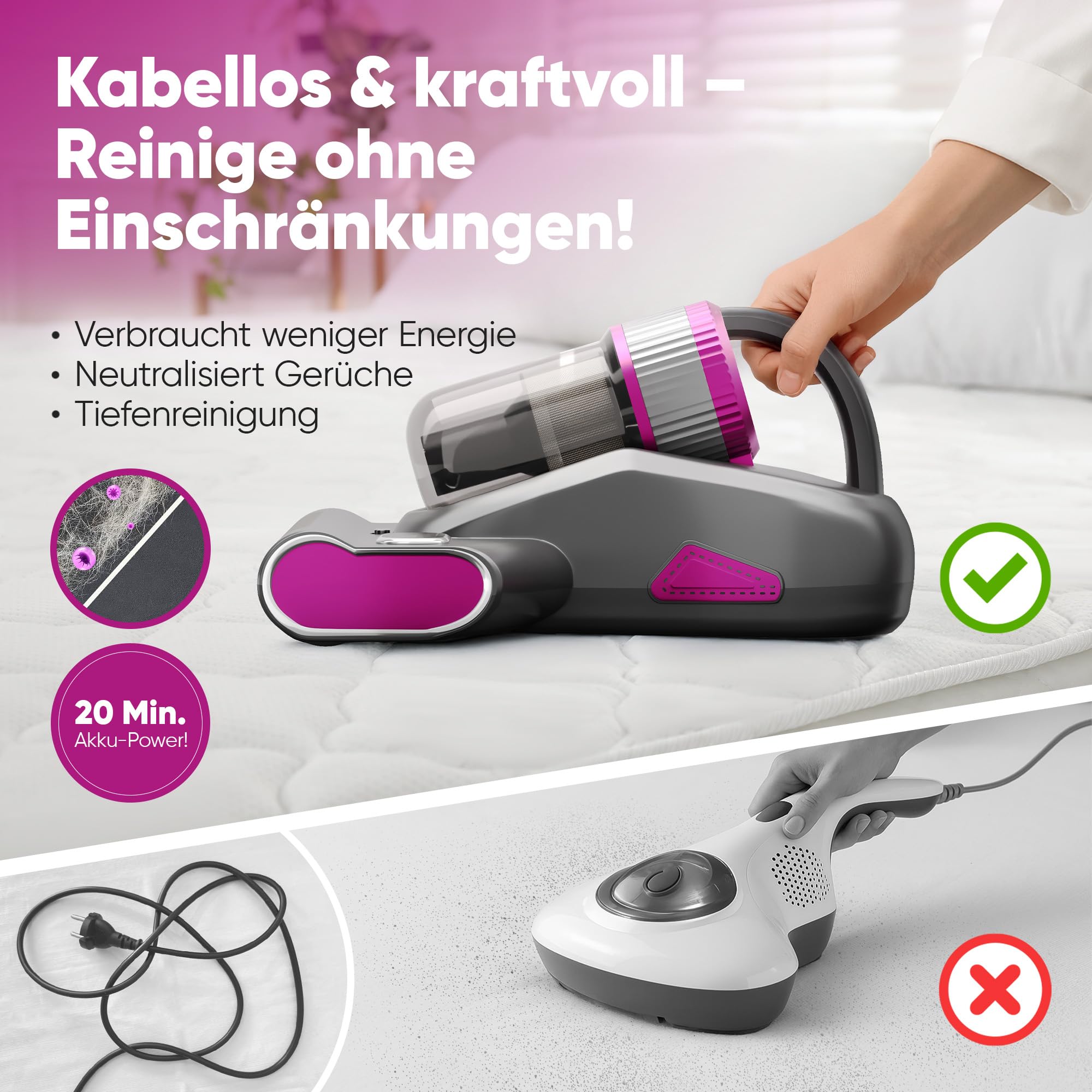 Milbensauger für Matratzen 3-in-1, UV-Licht, 10.000 Pa Saugkraft, XL-Akku 3500 mAh extra lange Laufzeit, Warmluft, Kabellos, HEPA Filter, 99,9 % Milbenentfernung für Bett, Sofa & Allergiker, GrauXL