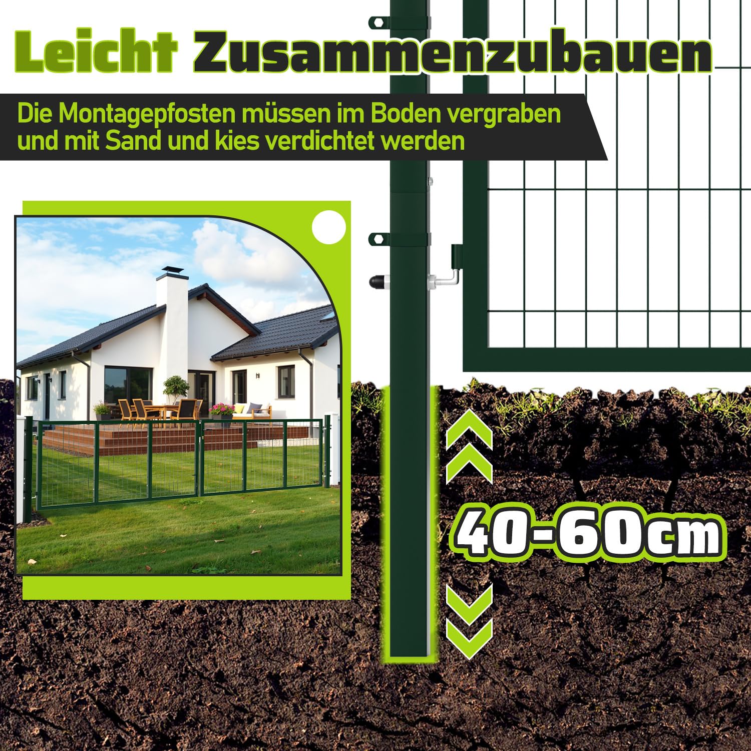 Gartentor metall, Doppelflügelig Gartentür, 350x100 cm, Vierkantrohr, für Landhaus/Pferdeweiden, für Doppelstabmattenzaun (Grün)