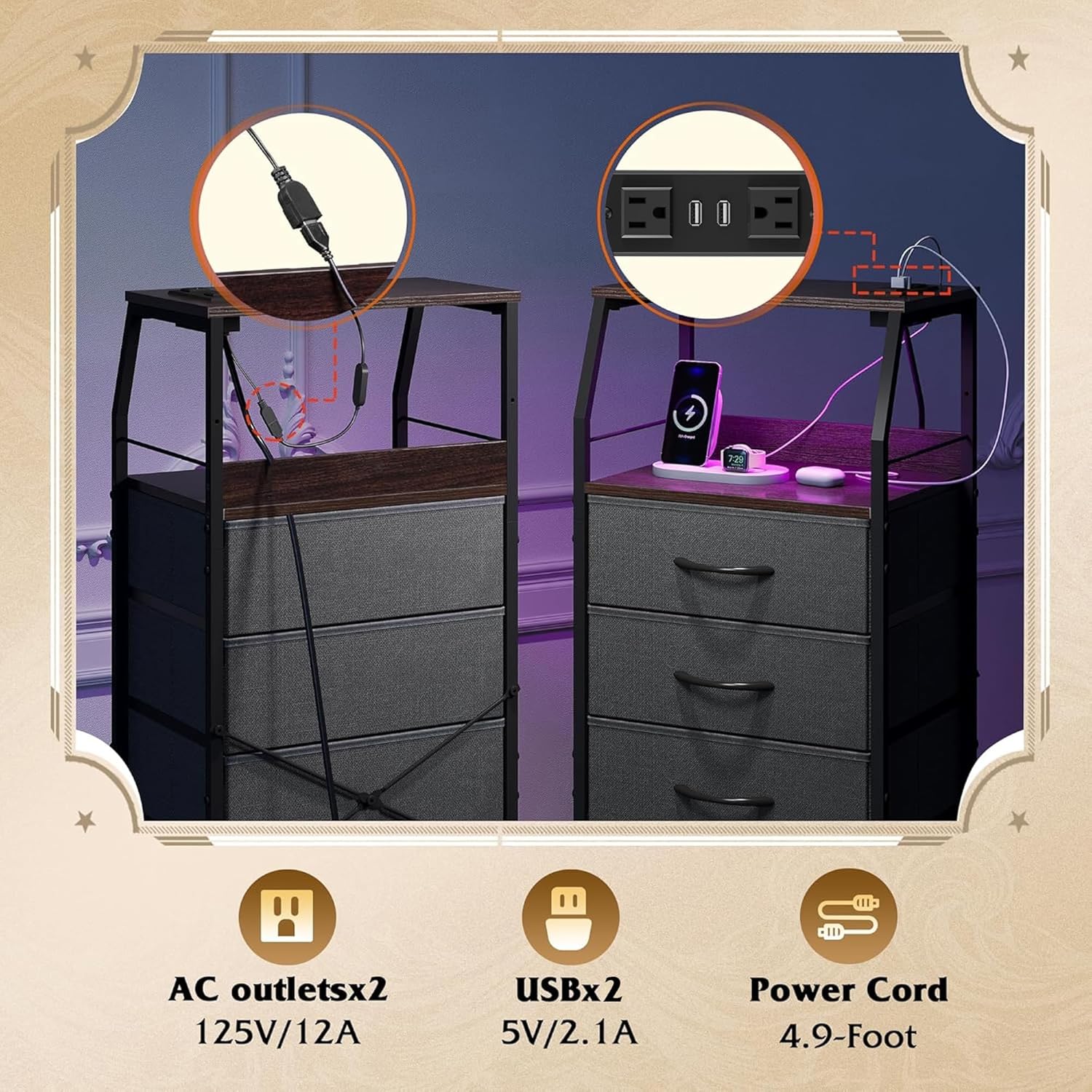 WLIVE Nightstand with Charging Station, Night Stand with LED Light, Tall 4 Drawer Dresser for Bedroom, 37" H Bedside Table with Fabric Storage Bins, Open Wood Shelf, Metal Frame, Dark Grey - Image 5