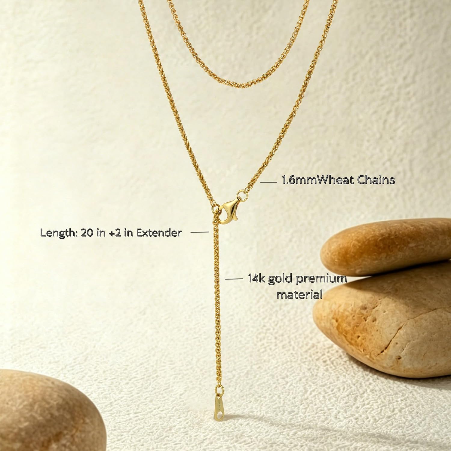LUCA SMITH Gold Chain Necklace for Women, 14K Chain Necklace, Hypoallergenic Durable Everyday Simple Gold necklace Jewelry Gift (1.6mm Wheat /1.8mm Cable/2mm Rope chains)