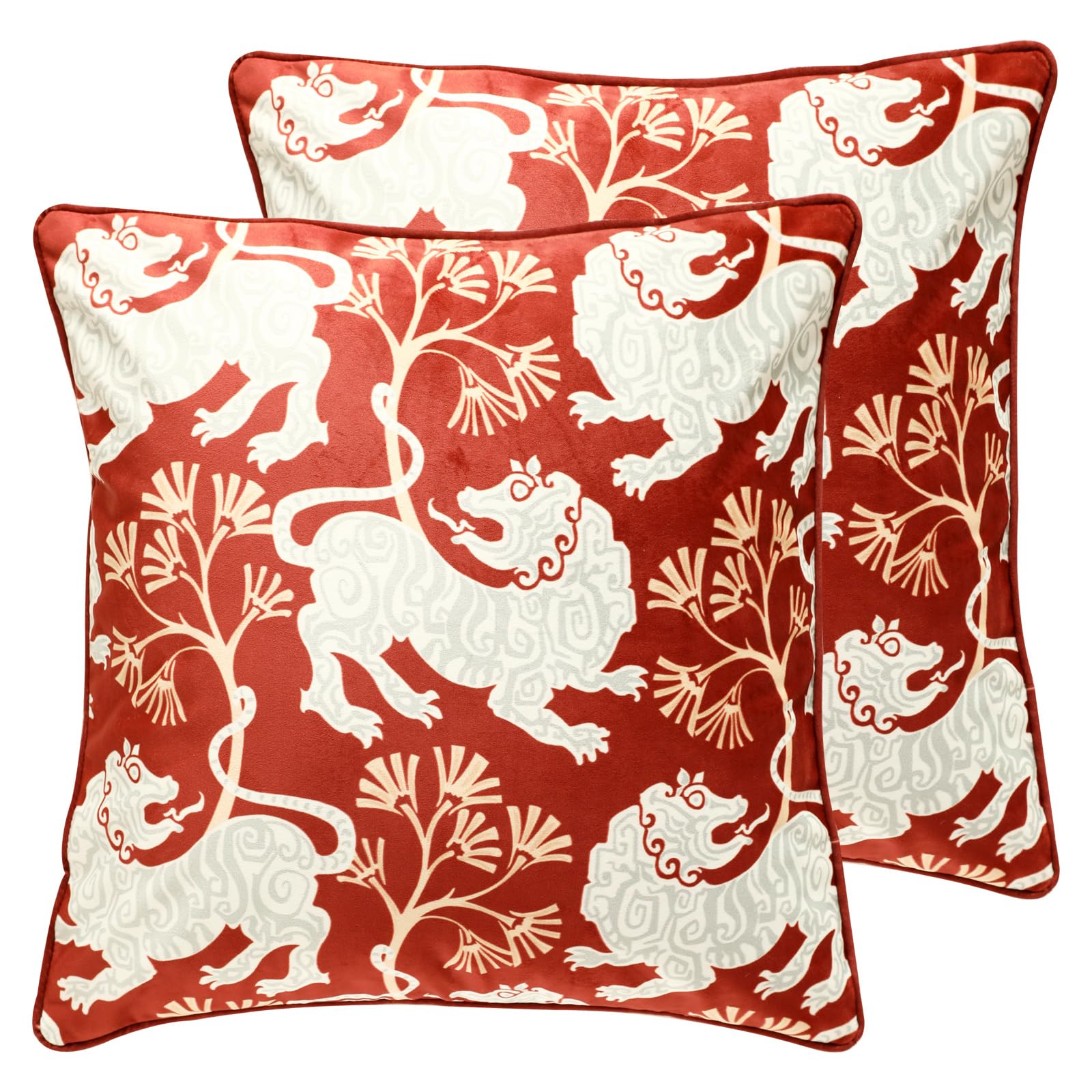Photo 1 of patdrea Designer Chinoiserie Throw Pillow Covers 18x18 Inch Pack of 2,Vintage Festive Red Velvet with Zodiac Tiger Pattern,Decorative Square Pillowcases Cushion for Bed Living Room Outdoor Car
