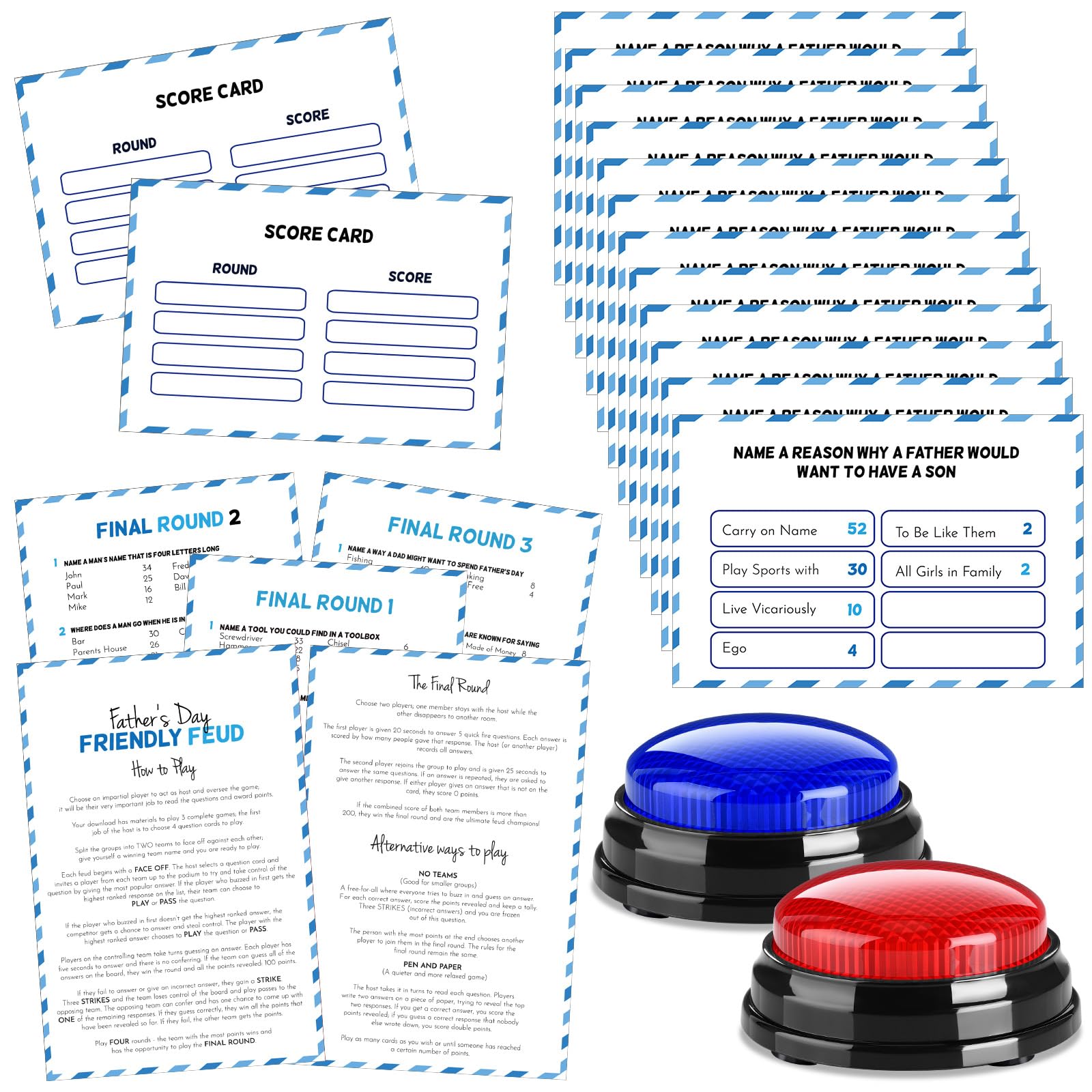 Halloscume Juego de feudo amigable para el día del padre con zumbadores de 2 respuestas, tarjetas de enemistad para juegos familiares, diversión nocturna, cuestionario de trivia para fiestas, oficina