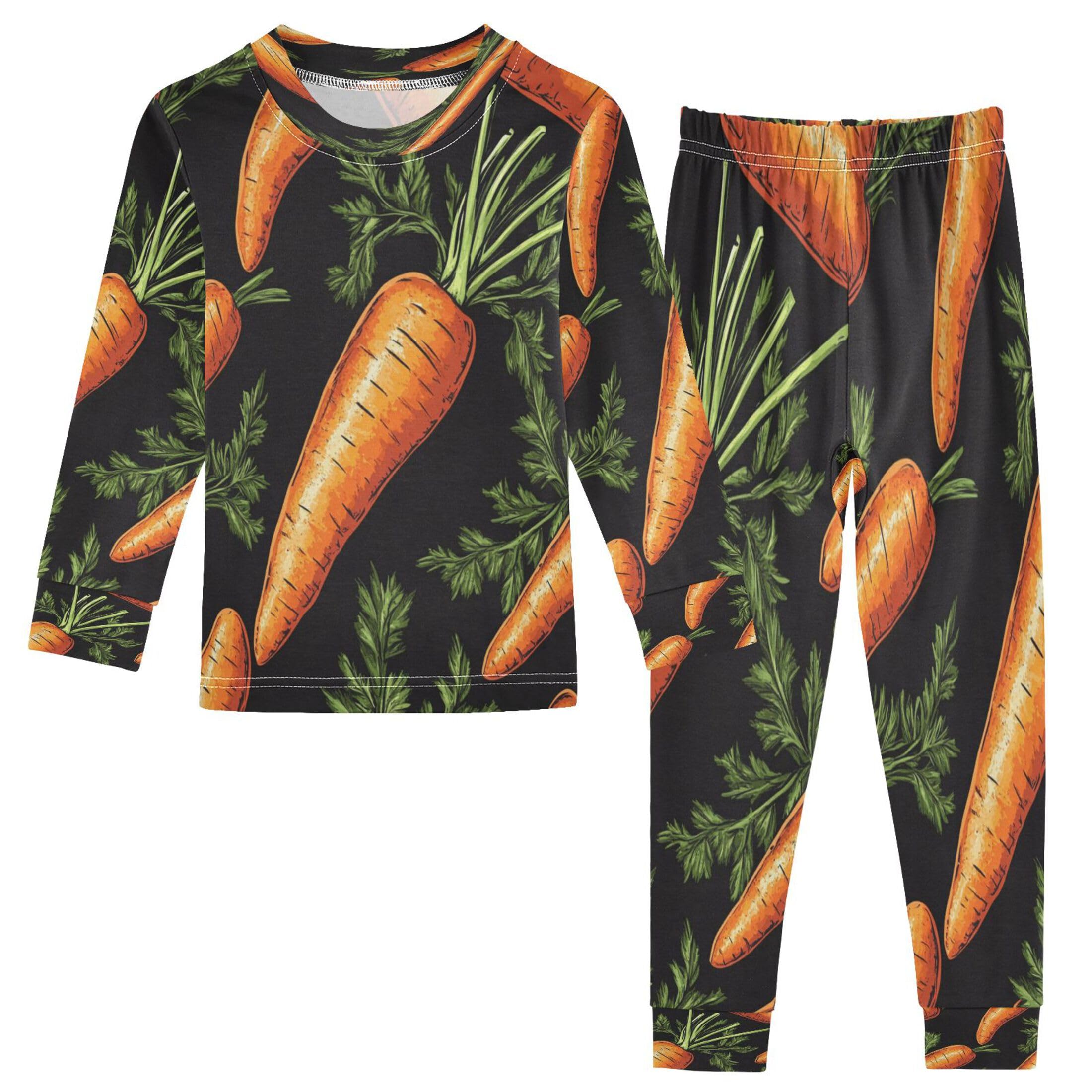 Vozoza Carrots Black Green Pajama Sets Long Sleeve Top with Pants Cotton Soft Sleepwear 2 Piece Pjs Set Size 4T