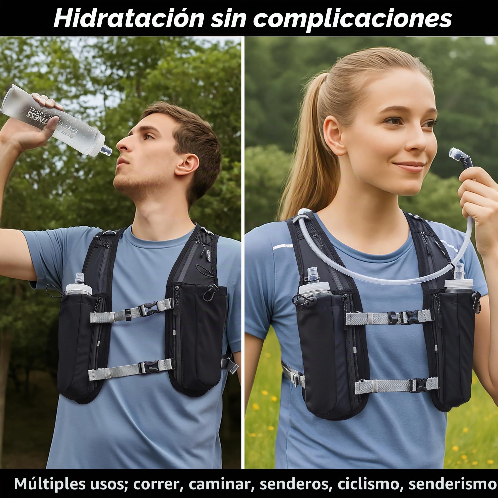 Chaleco de hidratación para Correr para Mujeres y Hombres. Reflectante, 7 Bolsillos, Secado rápido, Resistente al Agua, Mochila Ajustable para Correr