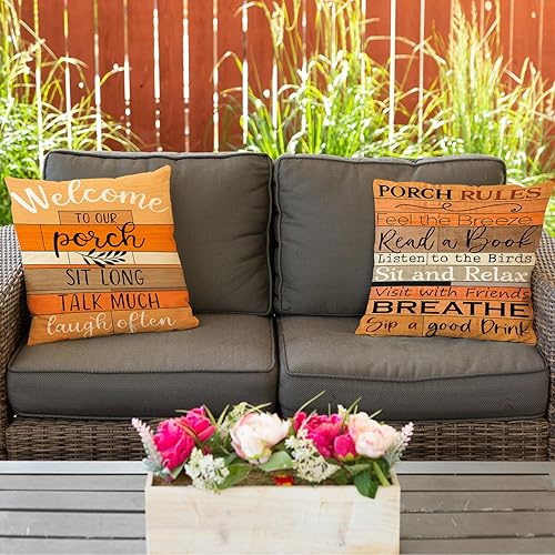 Miniatura 3 de Jartinle Juego de 2 fundas de almohada impermeables de 18 x 18 pulgadas, con texto en inglés "Welcome to Our Porch", fundas de almohada para muebles