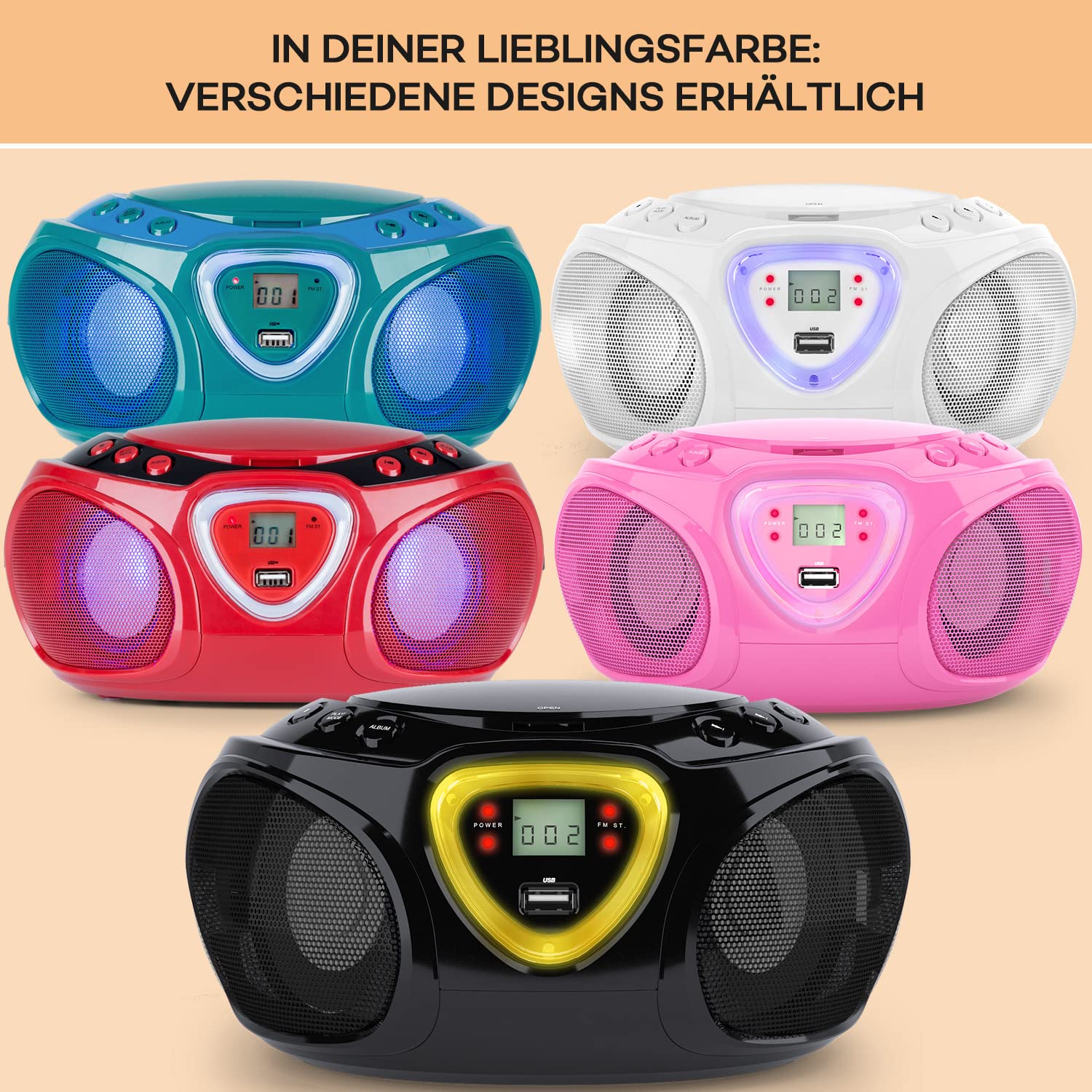 auna Roadie - CD-Radio, Stereoanlage, Boombox, USB, MP3, UKW-Radiotuner, Bluetooth 2.1, LED-Beleuchtung, 2 x 1,5 W RMS-Leistung, Netz- und Batterie-Betrieb, schwarz