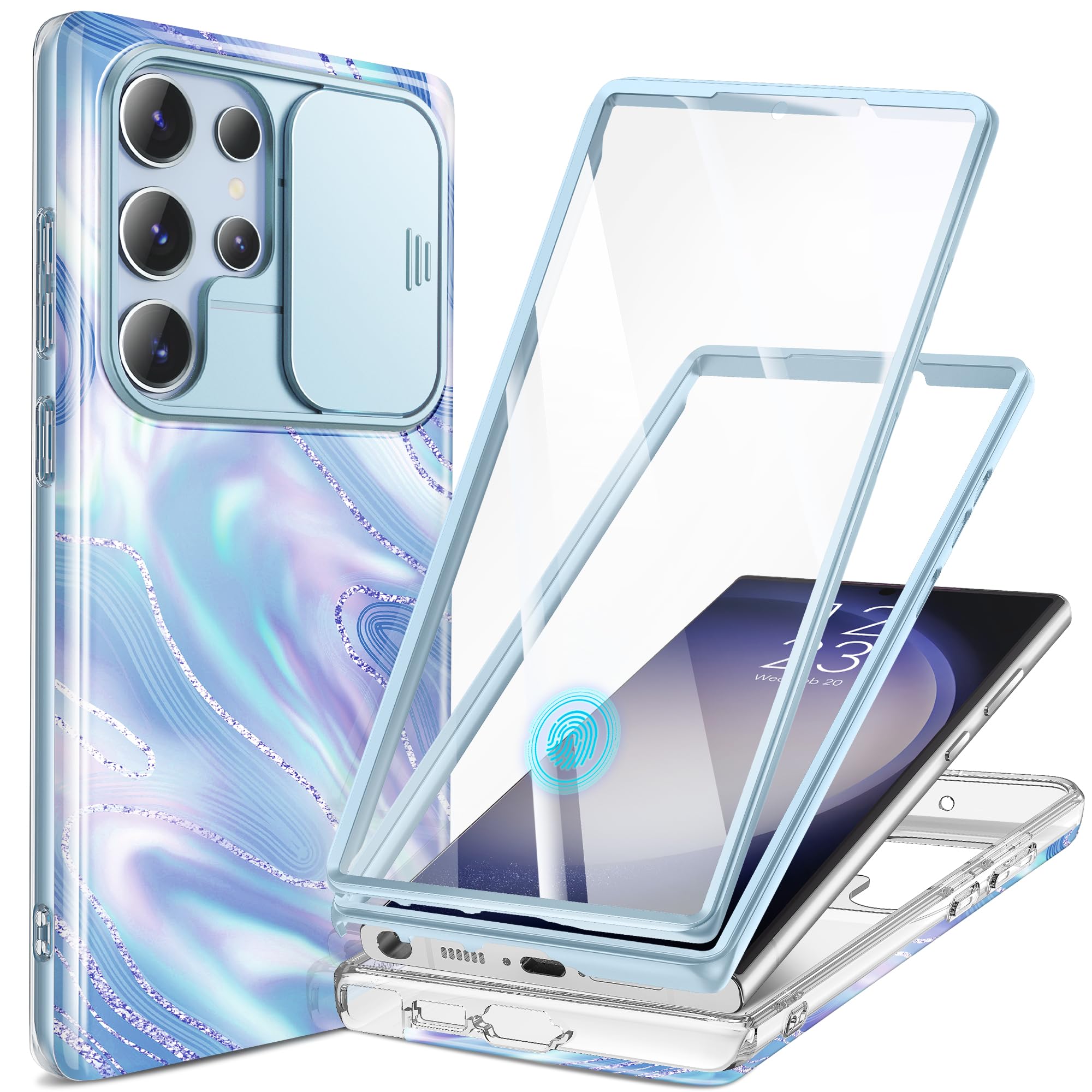 GVIEWIN for Samsung Galaxy S23 Ultra Case with Slide Camera Cover, [Built-in Screen Protector] [2 Front Frames] Military Grade Shockproof, Marble