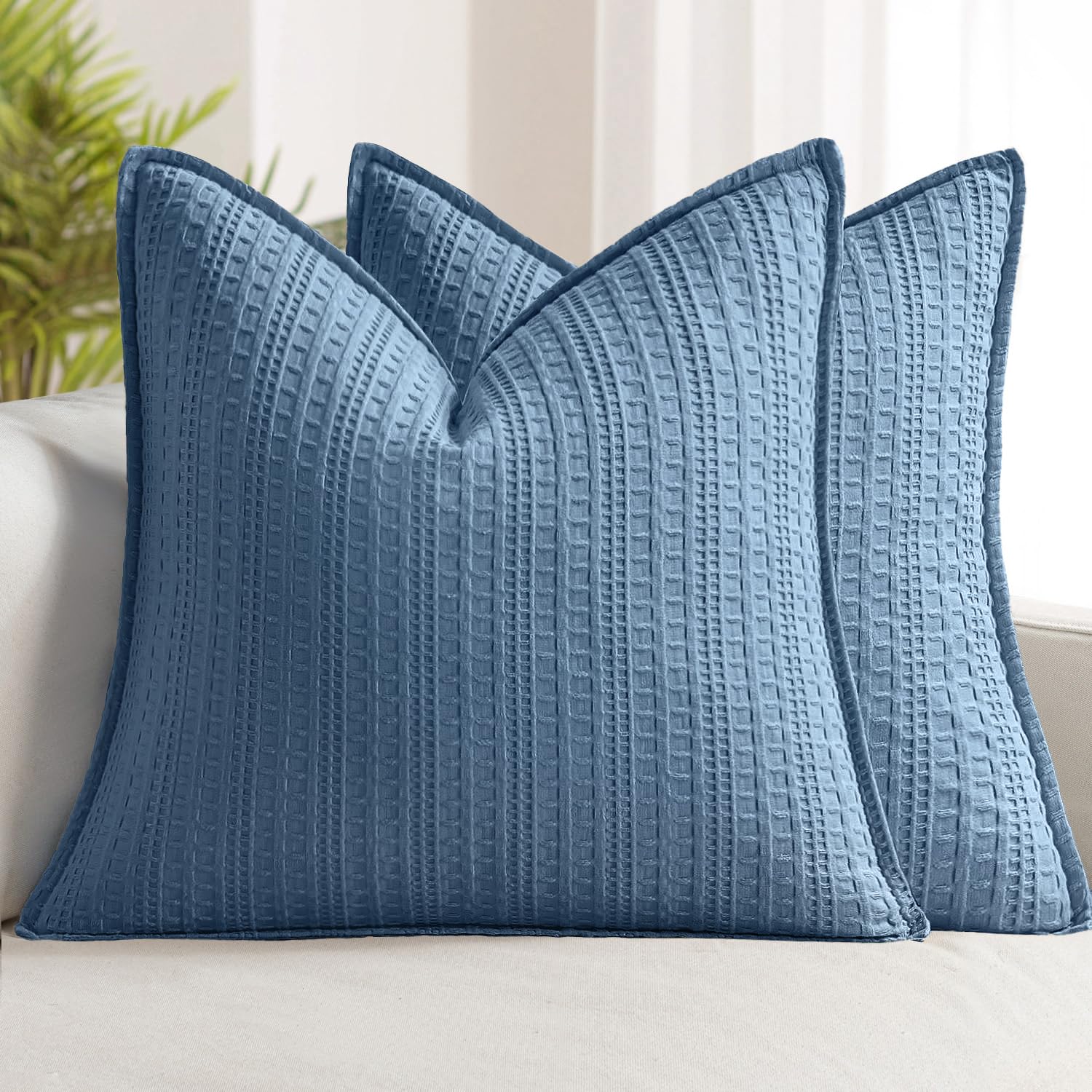 Photo 1 of Woaboy Set of 2 Decorative 100% Cotton Waffle Euro Sham Pillow Covers 26x26, Neutral Coastal Throw Pillows Weave European Cushion Cases for Couch Sofa Bed Modern Farmhouse Home Decor, Blue