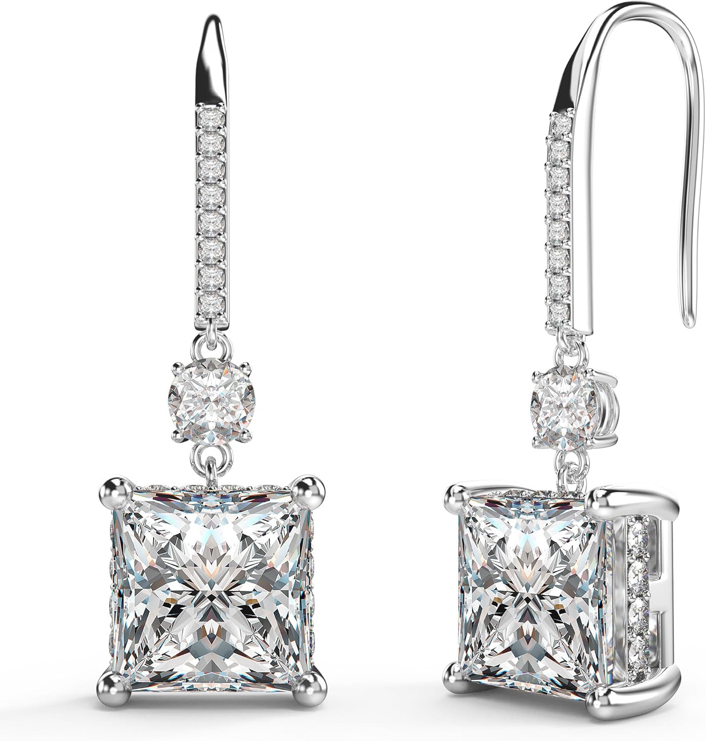 18K White Gold Plated Sterling Silver Princess Cut Cubic Zirconia Dangle Earrings for Women Square CZ Diamond Drop Dangling Earrings for Mom Formal Wedding Earrings for Women Bride