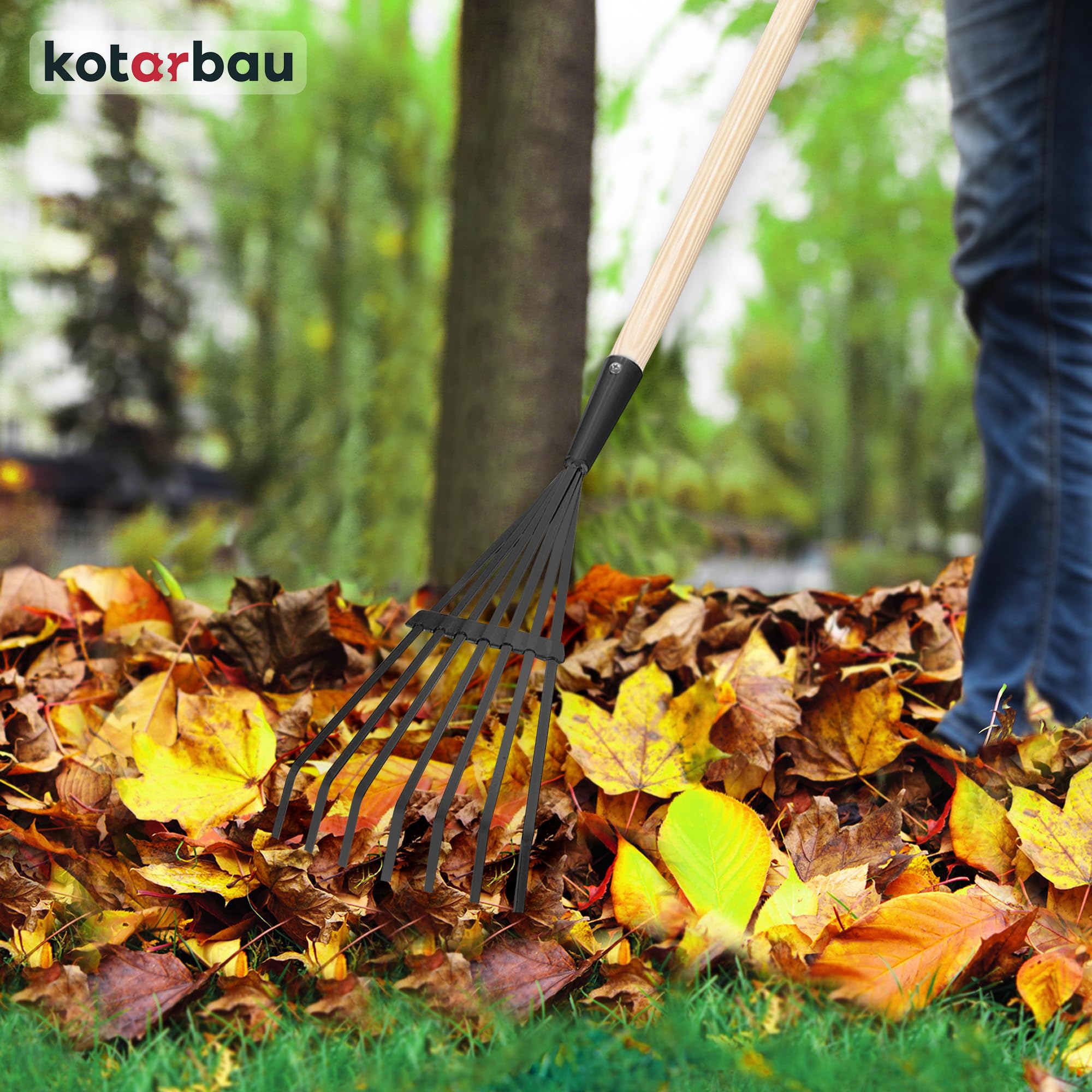 KOTARBAU® Rateau à Feuille - Acier - 14 cm - Râteau Jardin- avec Manche - 108 cm - Ramasse Feuille - Outil Robuste pour Gazon et Feuilles - Noir et Bois Naturel