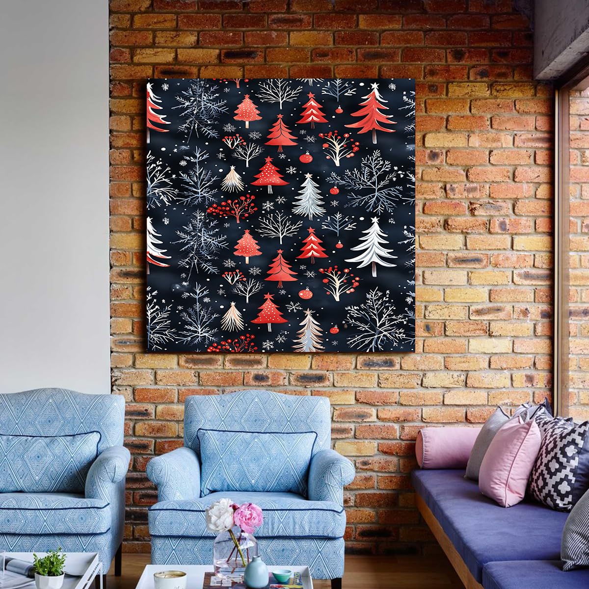 CHERHERART Czerwone i białe choinki płótno płótno płatek śniegu obrazy na płótnie wydruki do salonu dekoracja domu sypialni jadalni 65 x 65 cm rama wewnętrzna