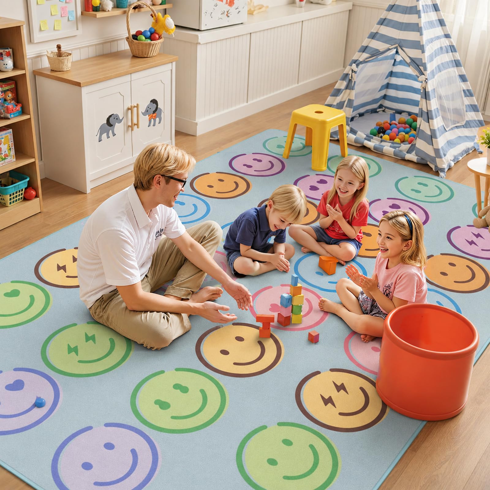 Tapis de salle de classe 1,5 x 2,1 m, motif smiley pastel, tapis éducatif | Tapis de jeu antidérapant lavable pour la maternelle, la garderie et la salle de classe primaire
