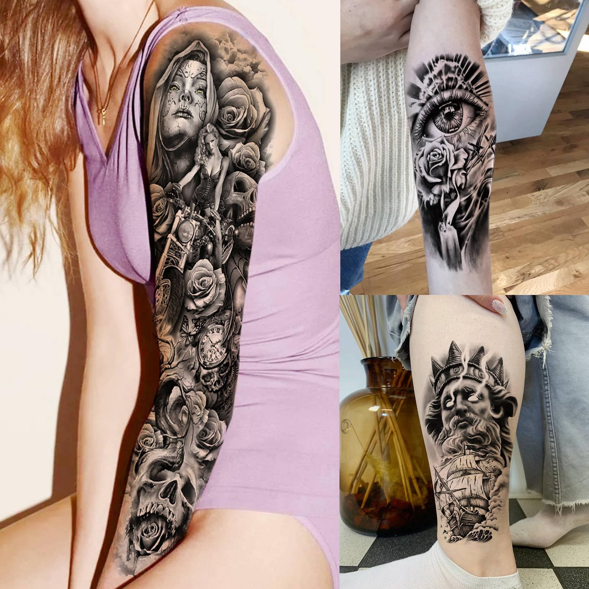 20 Sheets Gothic Nun Girl Prayer Full Arm Temporary Tattoos for Men Women Thigh Zeus God Indian Chicano Gangster Wolf FLower Fake Tattoo Sleeve for Adults Halloween Black Tattoo Stickers Skull - Image 2