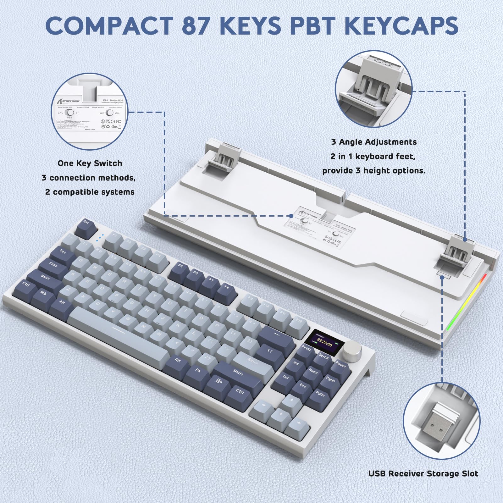 ATTACK SHARK K86 Tastiera Meccanica Wireless, Tastiera da Gioco 2.4G/BT5.0/USB-C Cablata, 75% Layout TKL 87 Tasti QWERTY, Display a Colori TFT HD da 1,2'' e CNC Knob, Hot-swap RGB Backlit - Blu