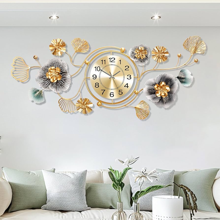 Large Wall Clock, Wall Clocks for Living Room Decor, with Silent Movement and Rotatable Dial, 3D Metal Ginkgo Leaf Design, for Living Room Wall Decor ...