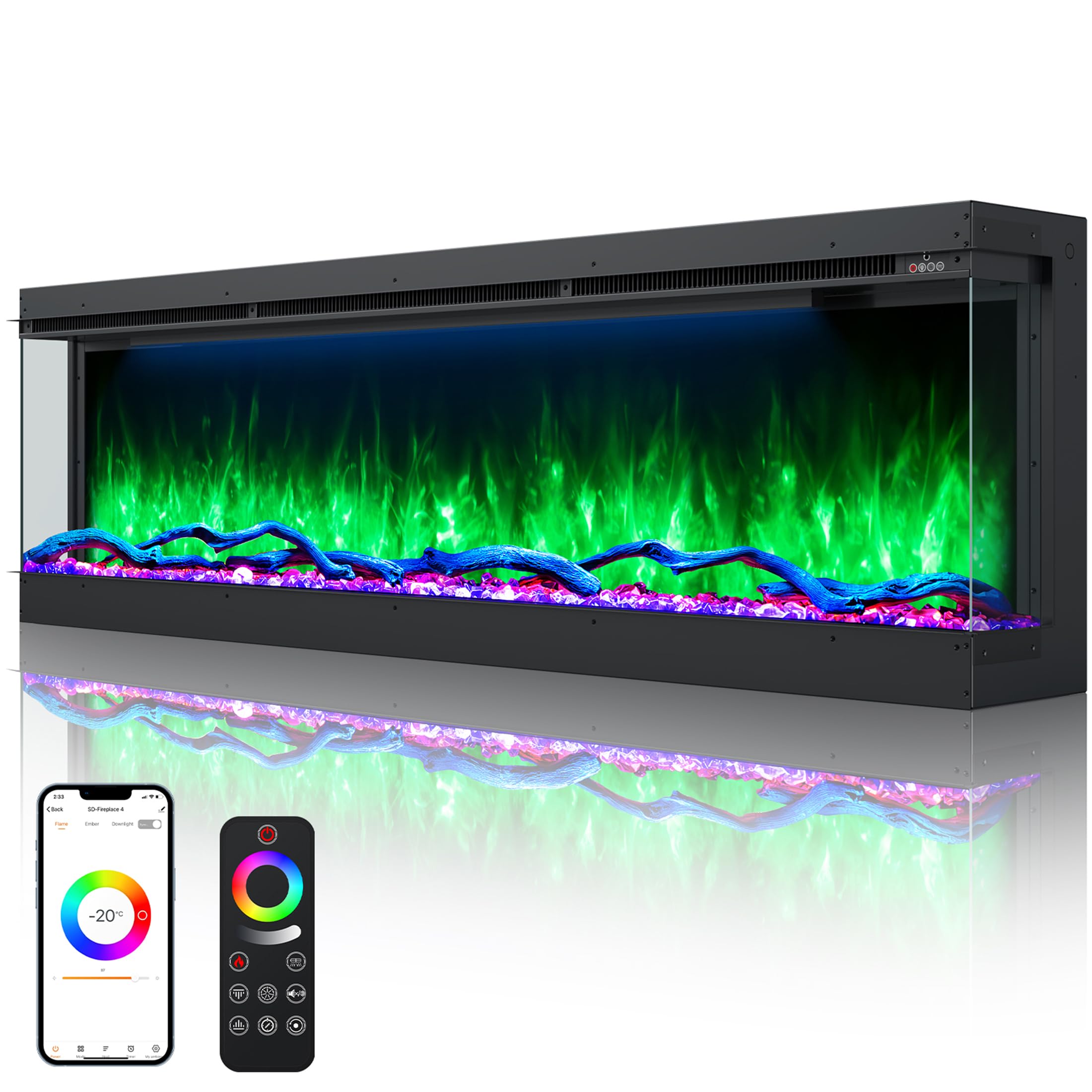 OSEYM 50 inch 3 Sided Electric Fireplace Inserts, Smart Built-in Linear Fire Places Heater 1500/750W with 251RGB LED Flames, APP & Remote Control, 3