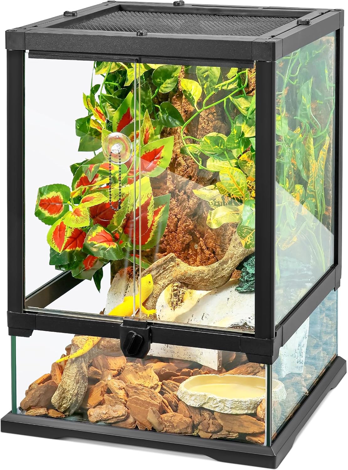 12 Gallon Glass Reptile Tank Front Opening Terrarium Suitable for Leopard Geckos, Snakes Tree Frogs Chameleons Watertight Base, Ventilated Metal Mesh Top, Pre-Drilled Cable Holes 18'' x 12'' x 12'' 18'' x 12.6'' x 12.6''