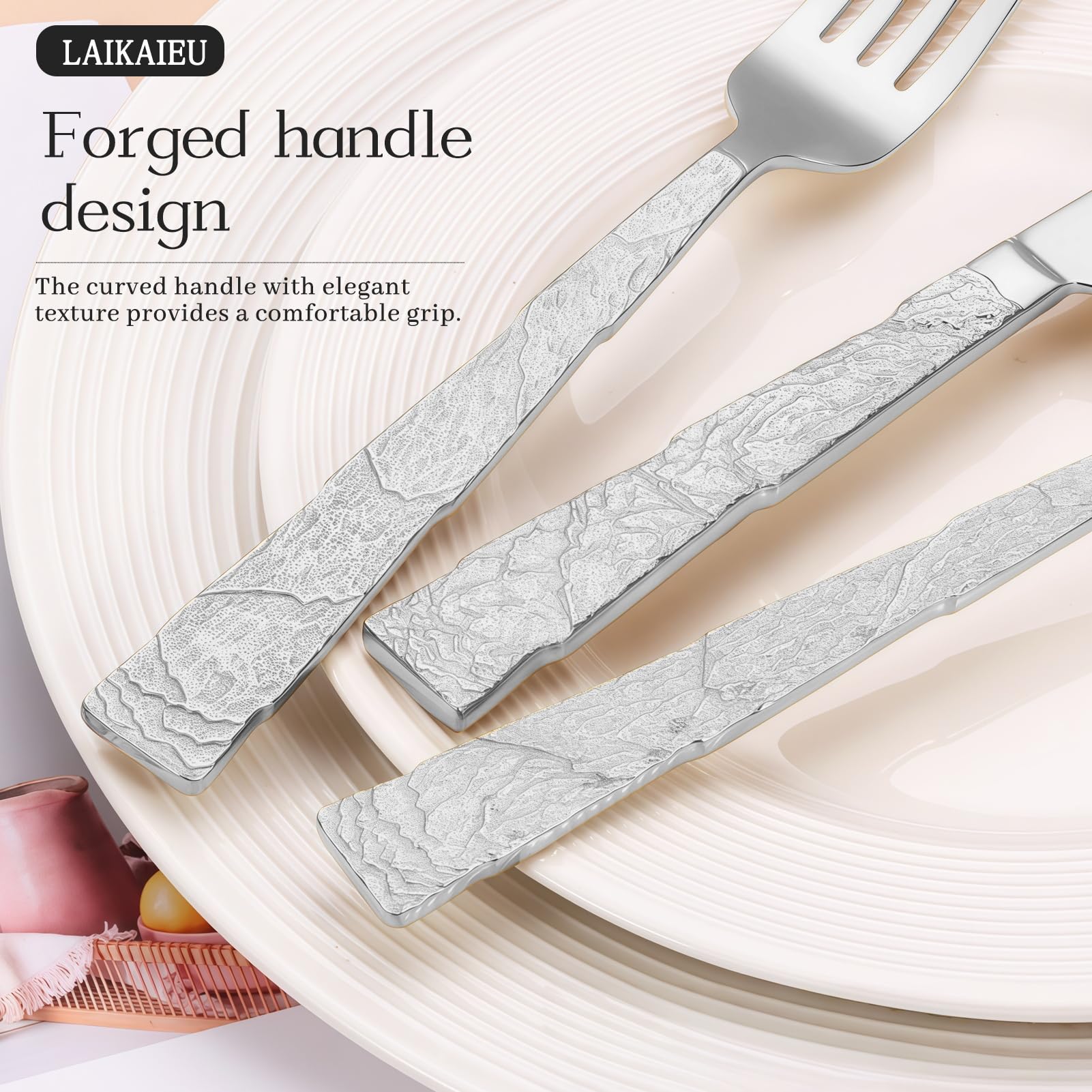 Besteckset Besteck Set 18/10 Edelstahl, Griff Mit Geschnitztem Design, Inklusive Messer Gabel Löffel, Elegant Langlebig Geschirr Für Haus, Hotel, Restaurant, Neues Haus (Silber Set A,16pcs)