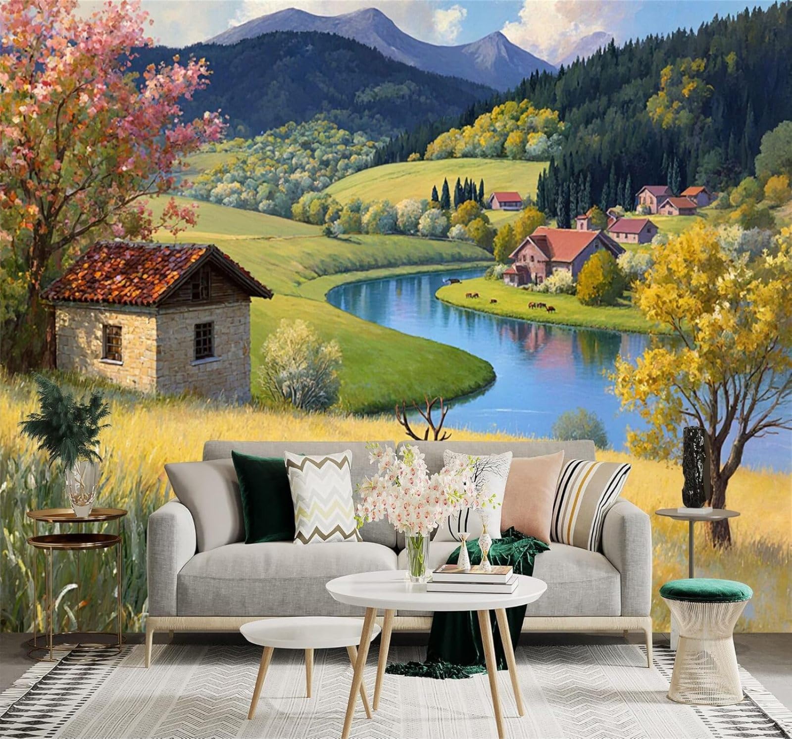 XLMING Fresh Beautiful Landscape Houses Natural Scenery 3D Wallpaper Silky Texture Home Study Office Grey Dining Room Sofa Bedroom Living Room TV Backdrop-400cm×280cm