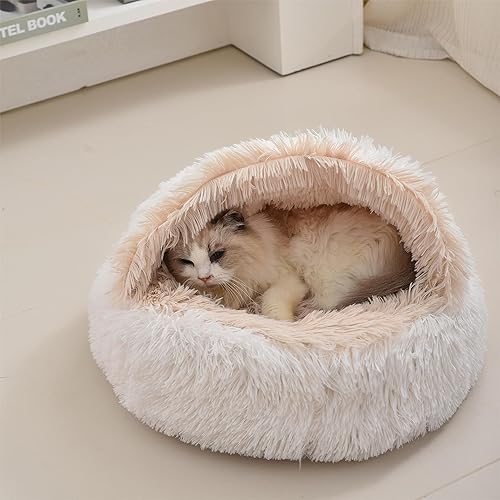 Miniatura 6 de Cama para gatos redonda y esponjosa con capucha y funda de felpa no plegada, cama para gatos de interior, camas calmantes para perros y gatos, parte