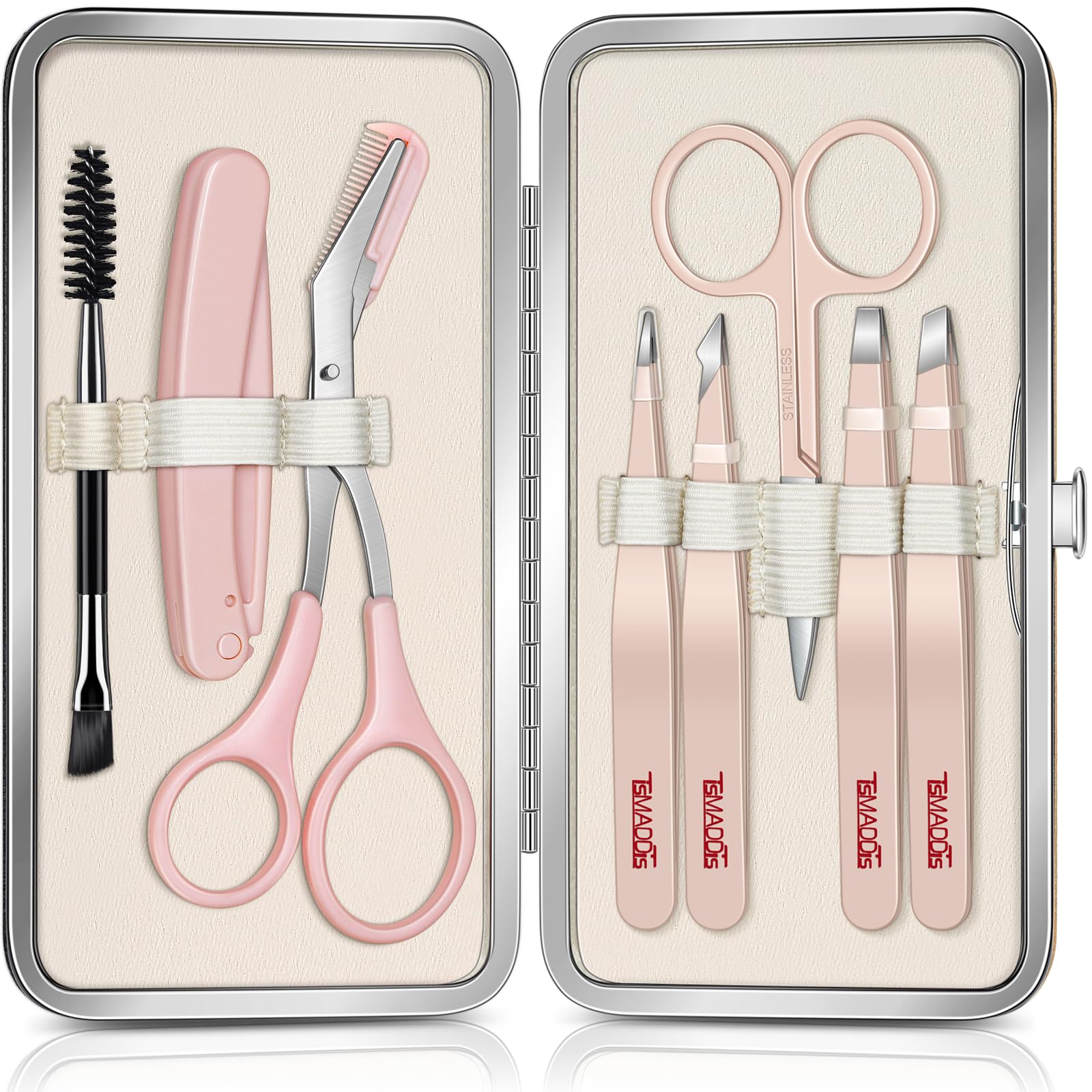 TsMADDTs Tweezers for Women Facial Hair 8 in 1 Eyebrow Kit with Tweezers Eyebrow Trimmer Scissors Razor Brush