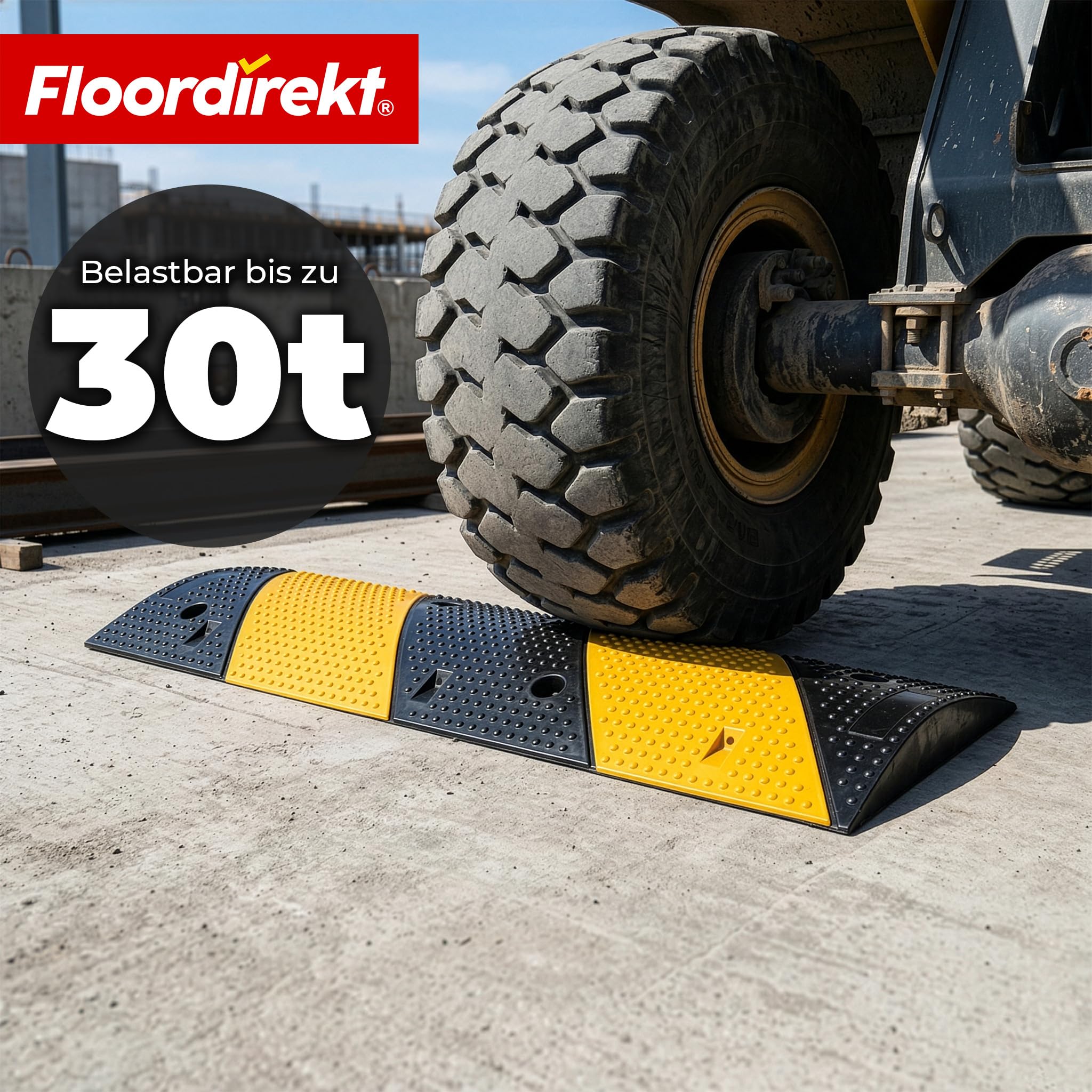 Floordirekt Umbral de goma Pico de alta calidad para limitación de velocidad efectiva, umbral de tempo, 100 x 30 x 5 cm, negro/amarillo