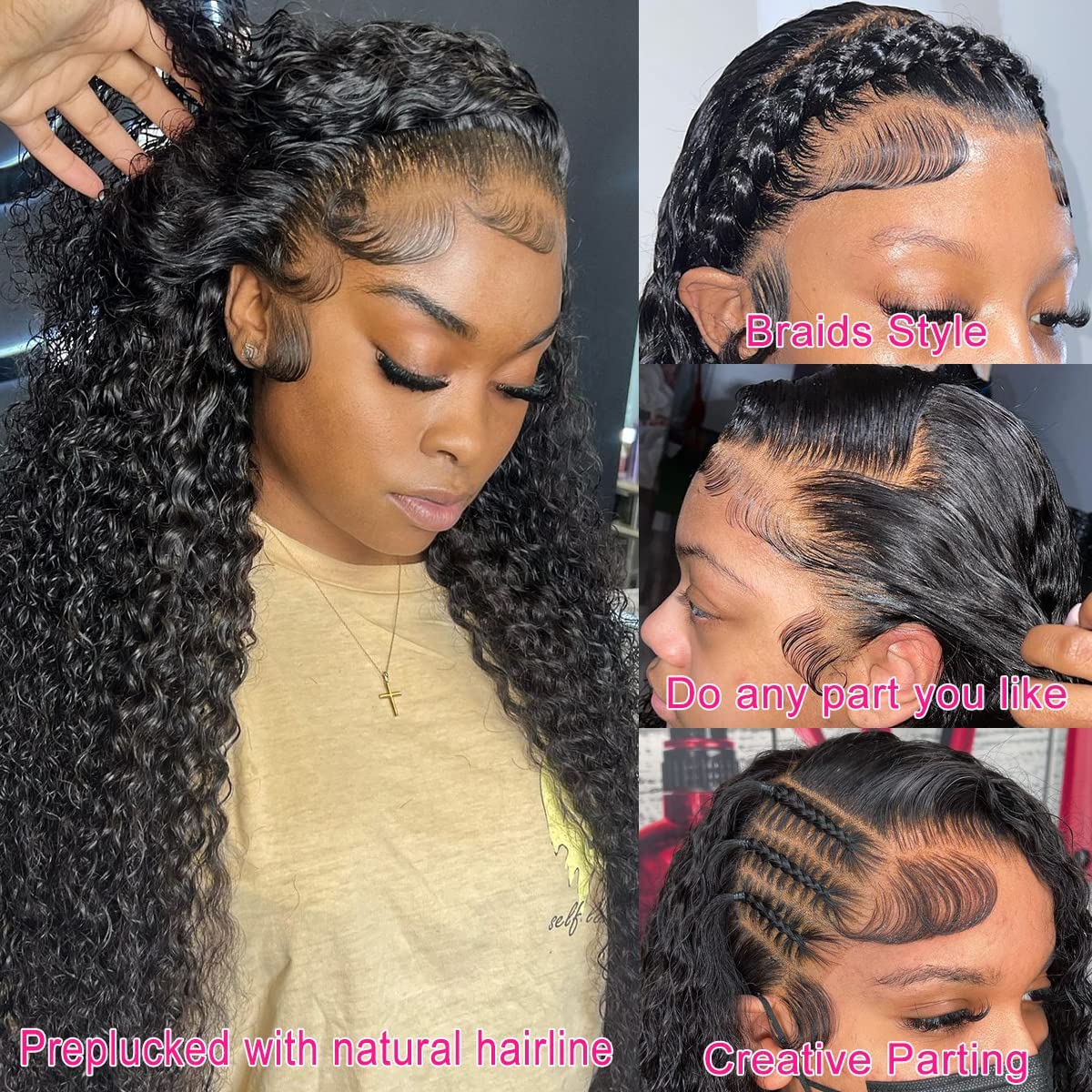 Rebasar Deep Wave 13x4 Lace Front Wigs Human Hair 26 Zoll Menschliches Haar Perücke für Damen 150% Dichte Brazilian Curly Human Hair Wig with Baby Haar Natural Color