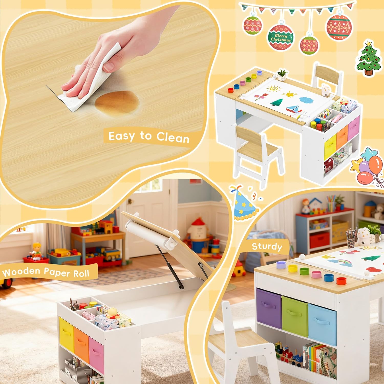 Kids Art Table and 2 Chairs Set, Wooden Craft Desk with 2 Storage Shelves, 6 Storage Bins & Paper Roll for Drawing, Learning and Reading, Toddler Activity Play Desk for Home, 47 L x23 W