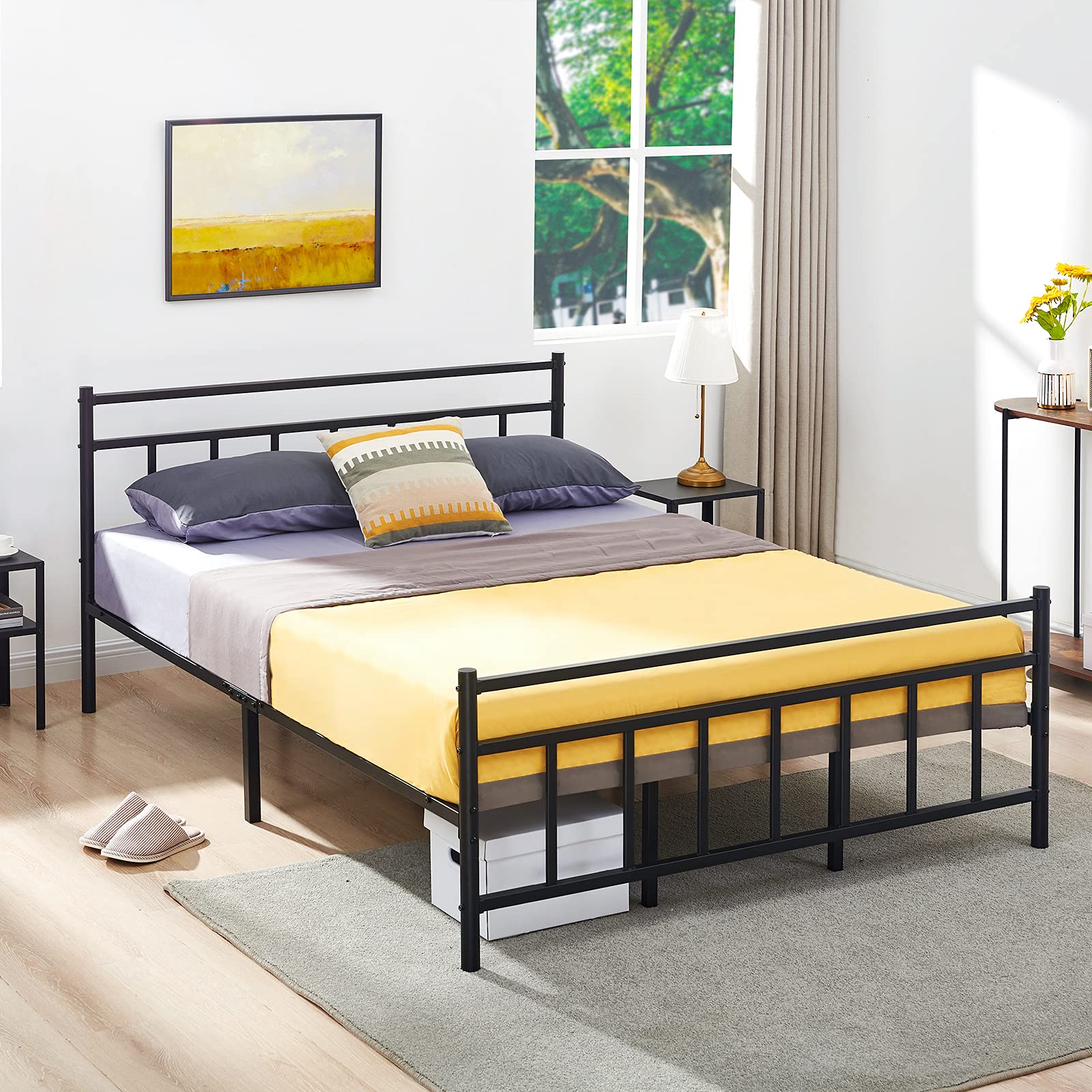 GreenForest Queen Bed Frame with Headboard Metal Platform Bed with Strong 8 Middle Legs Heavy Duty No-Noise Steel Slats Support Mattress Foundation, No Box Spring Needed, Queen Size