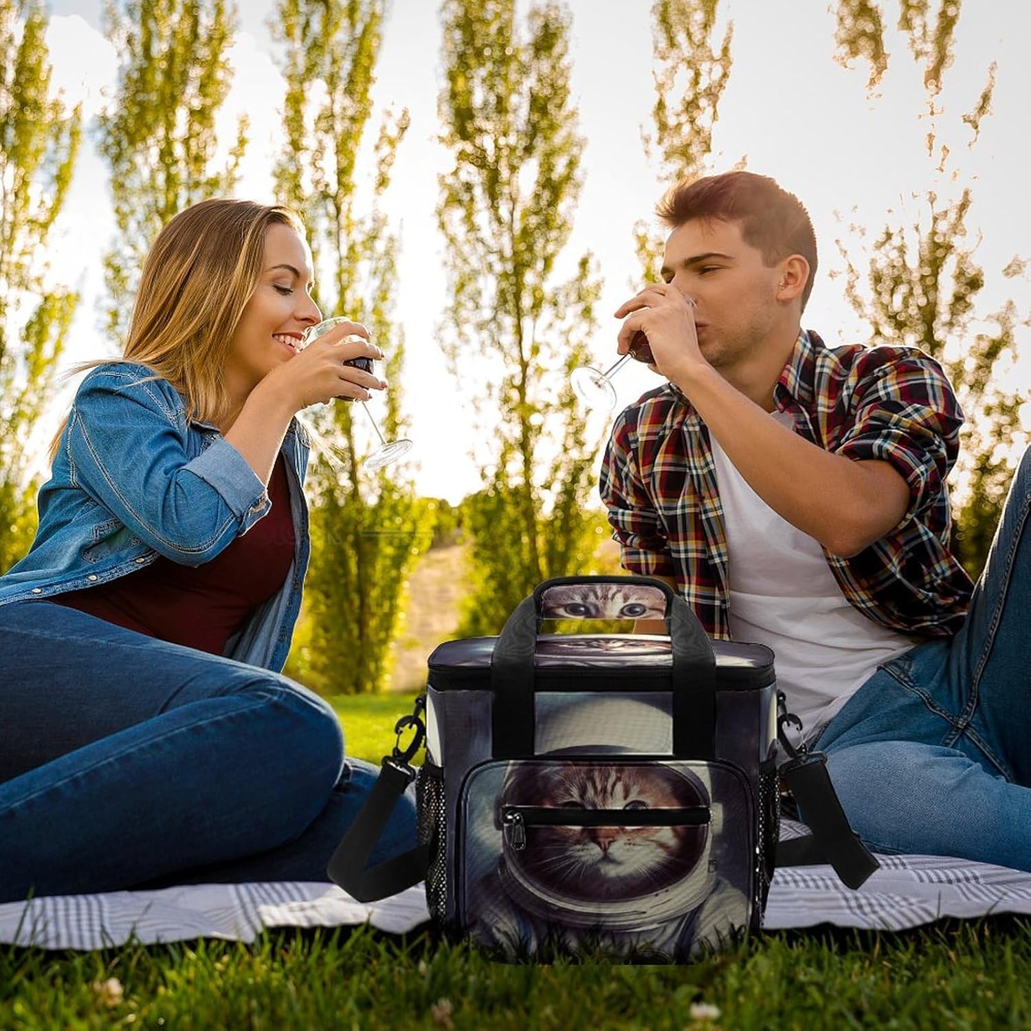 Camping Ice Pack, Animal Cat Astronaut Print Cooler Bag, 22.5L Large Capacity Insulated Lunch Tote Bag for Outdoor, Picnic, BBQ, Travel, Work